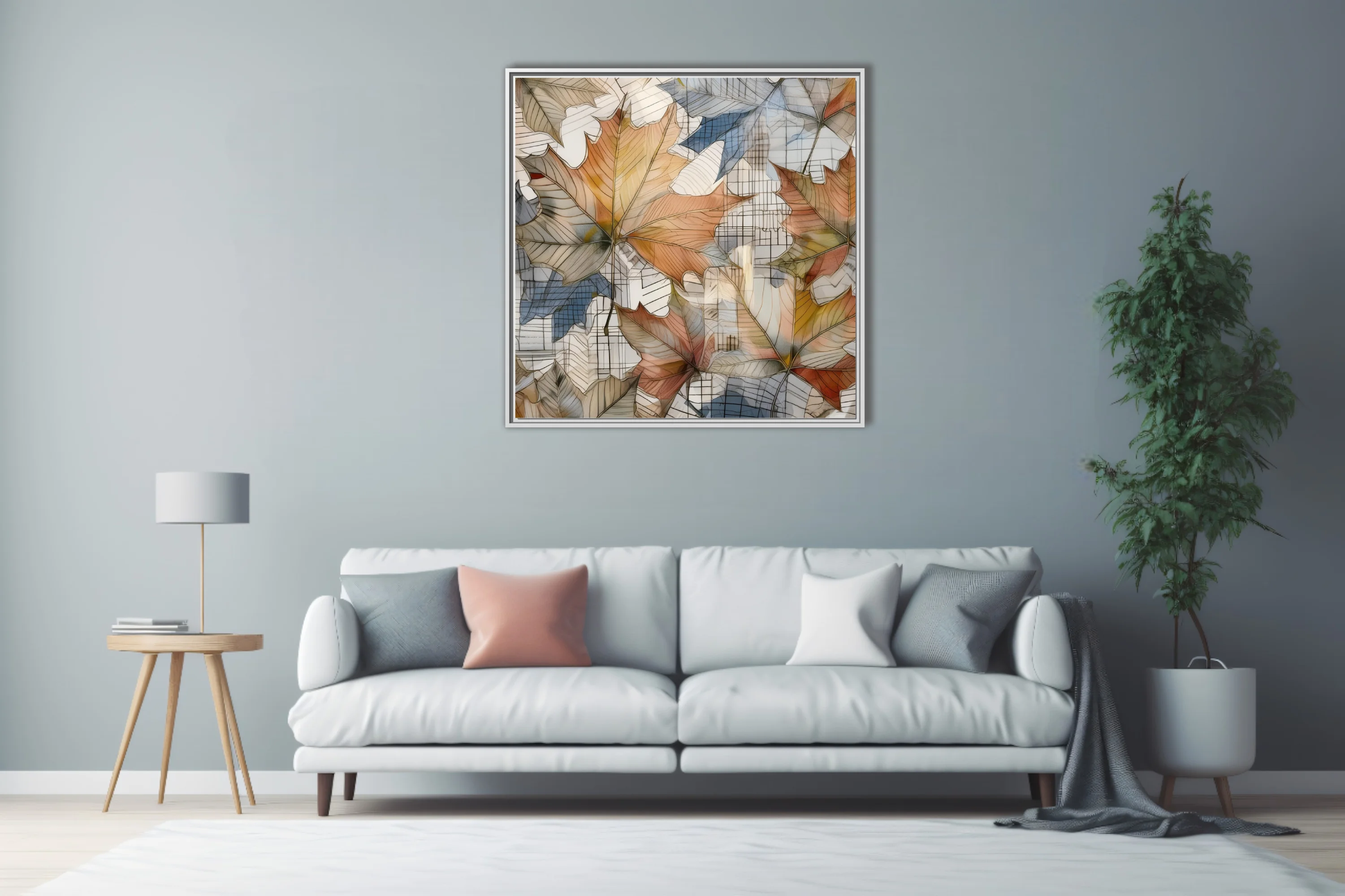 Watercolor-style abstract autumn leaves in amber and terracotta over grid lines