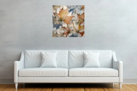 Watercolor-style abstract autumn leaves in amber and terracotta over grid lines