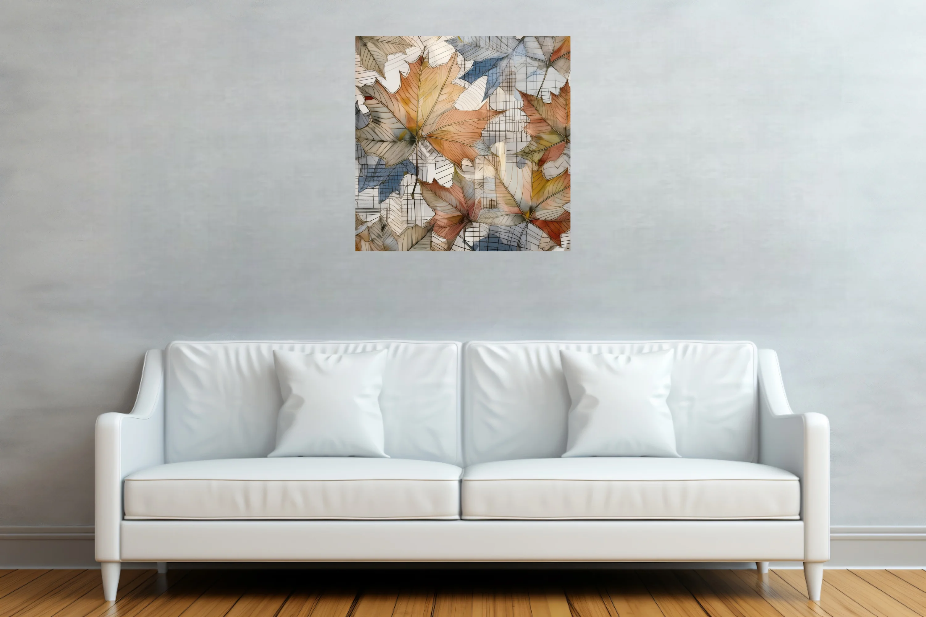 Watercolor-style abstract autumn leaves in amber and terracotta over grid lines