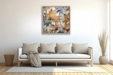 Watercolor-style abstract autumn leaves in amber and terracotta over grid lines