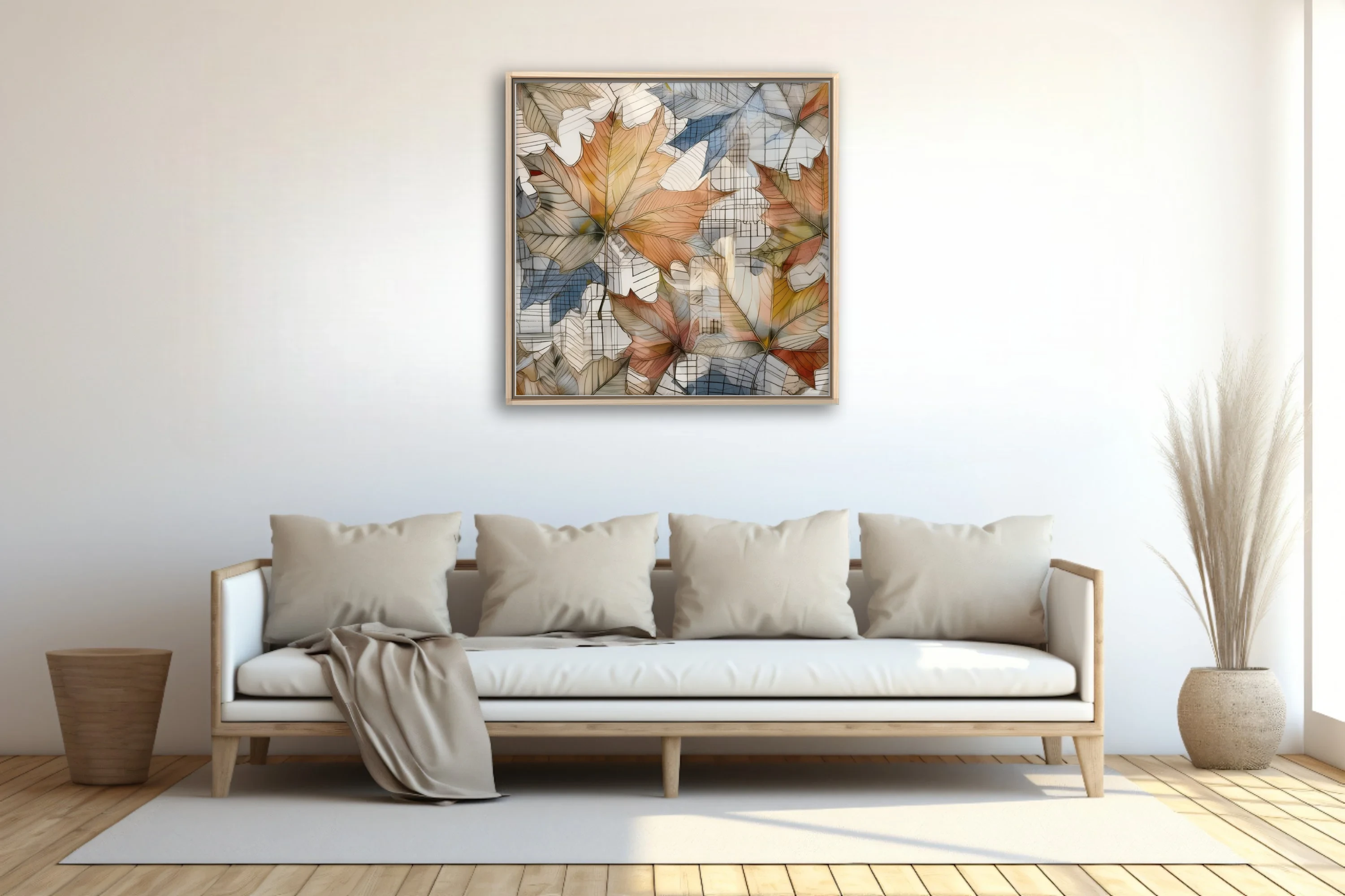 Watercolor-style abstract autumn leaves in amber and terracotta over grid lines
