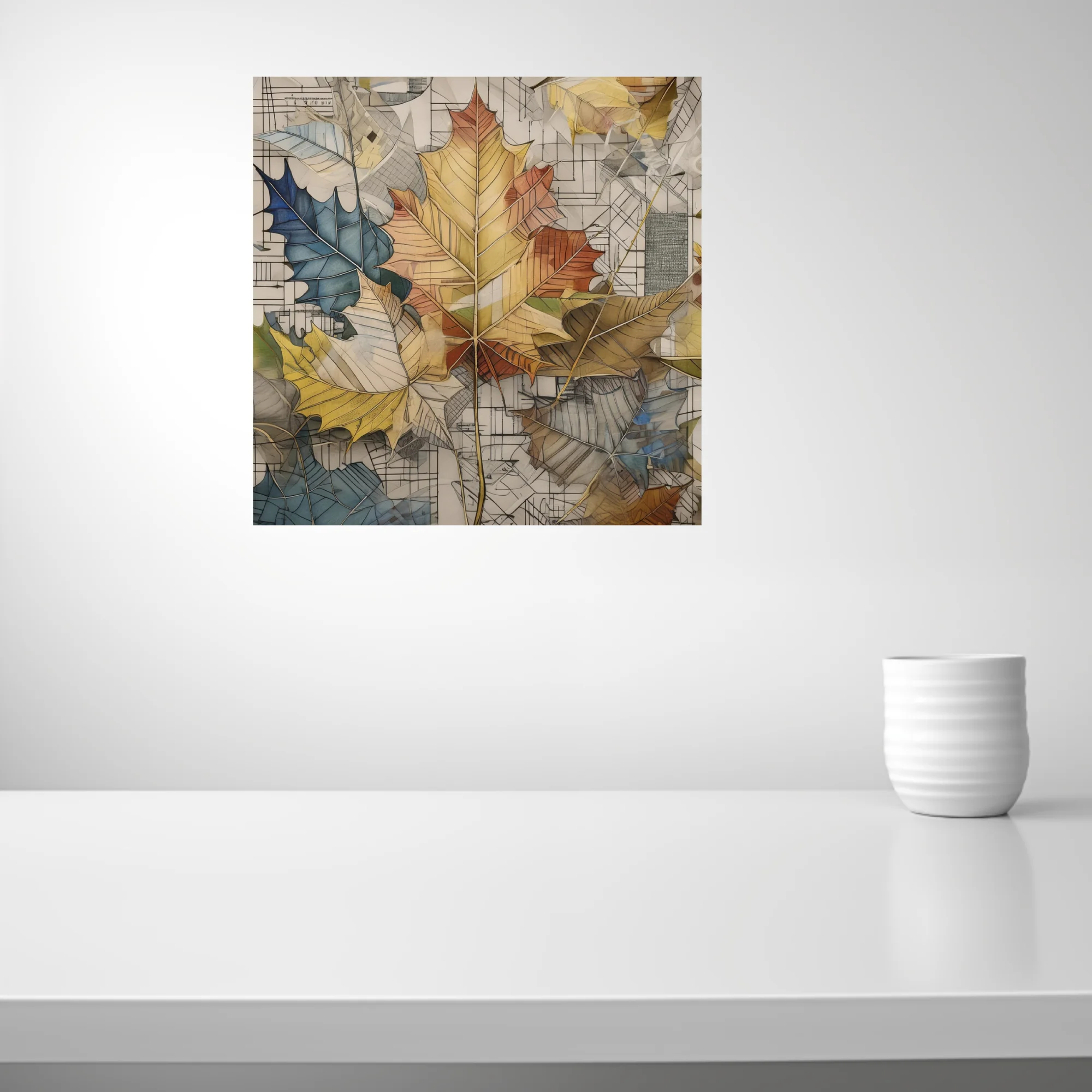 Collage-style autumn maple leaves in earth tones over architectural sketch background
