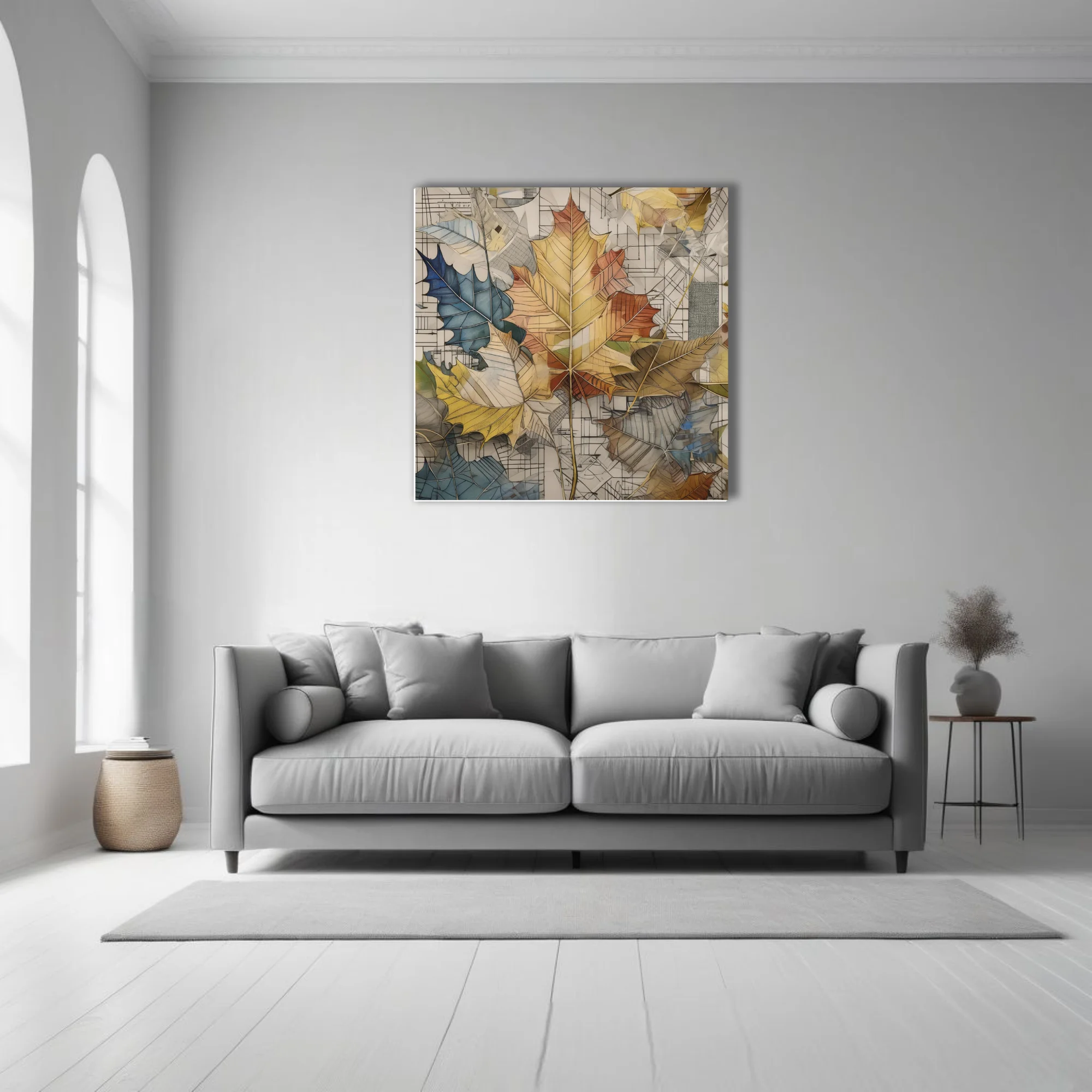Collage-style autumn maple leaves in earth tones over architectural sketch background