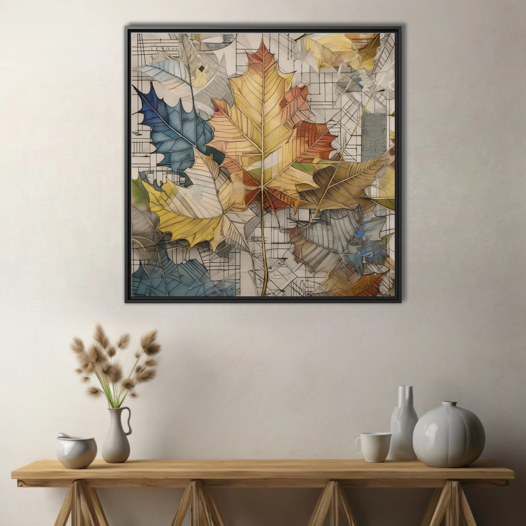 Collage-style autumn maple leaves in earth tones over architectural sketch background