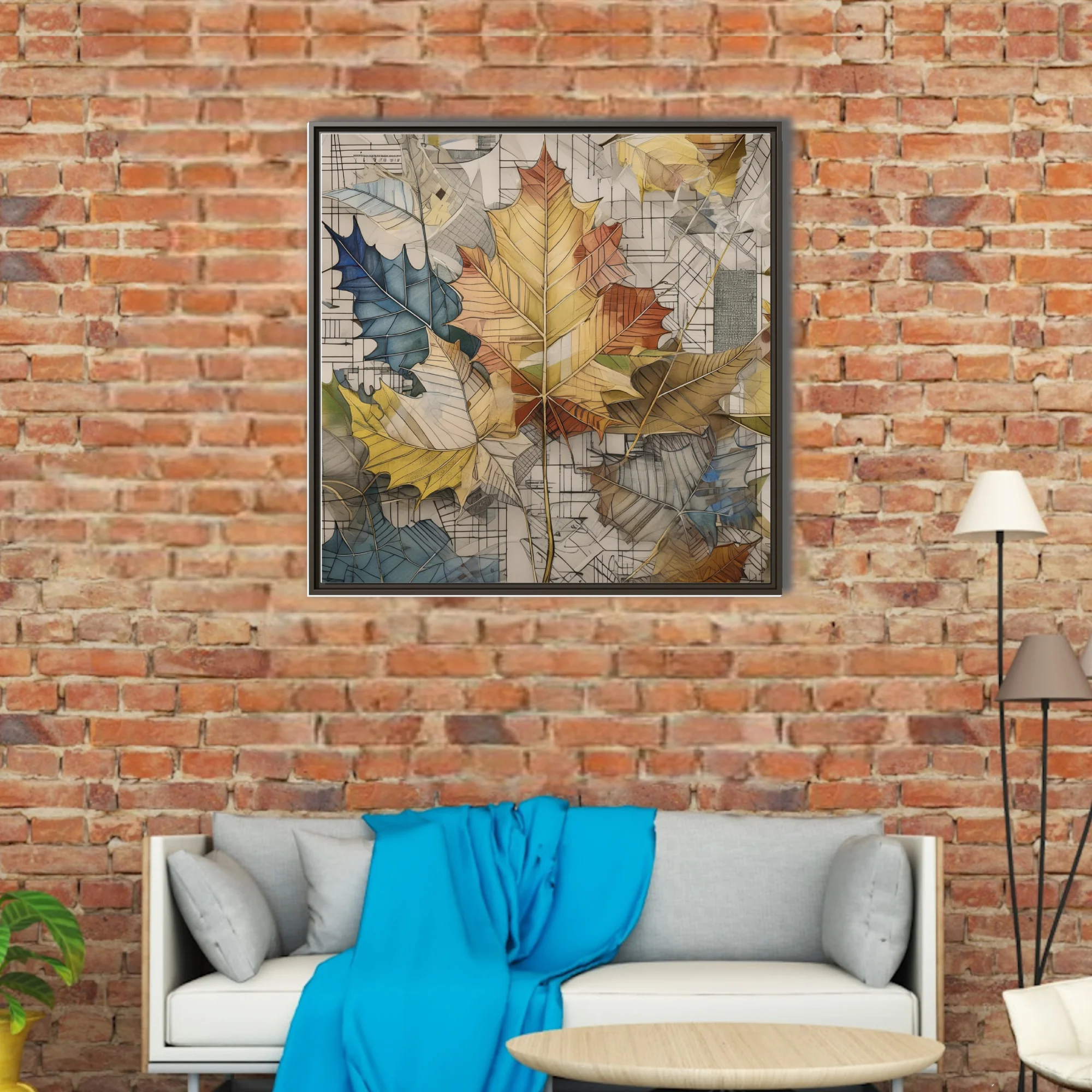 Collage-style autumn maple leaves in earth tones over architectural sketch background