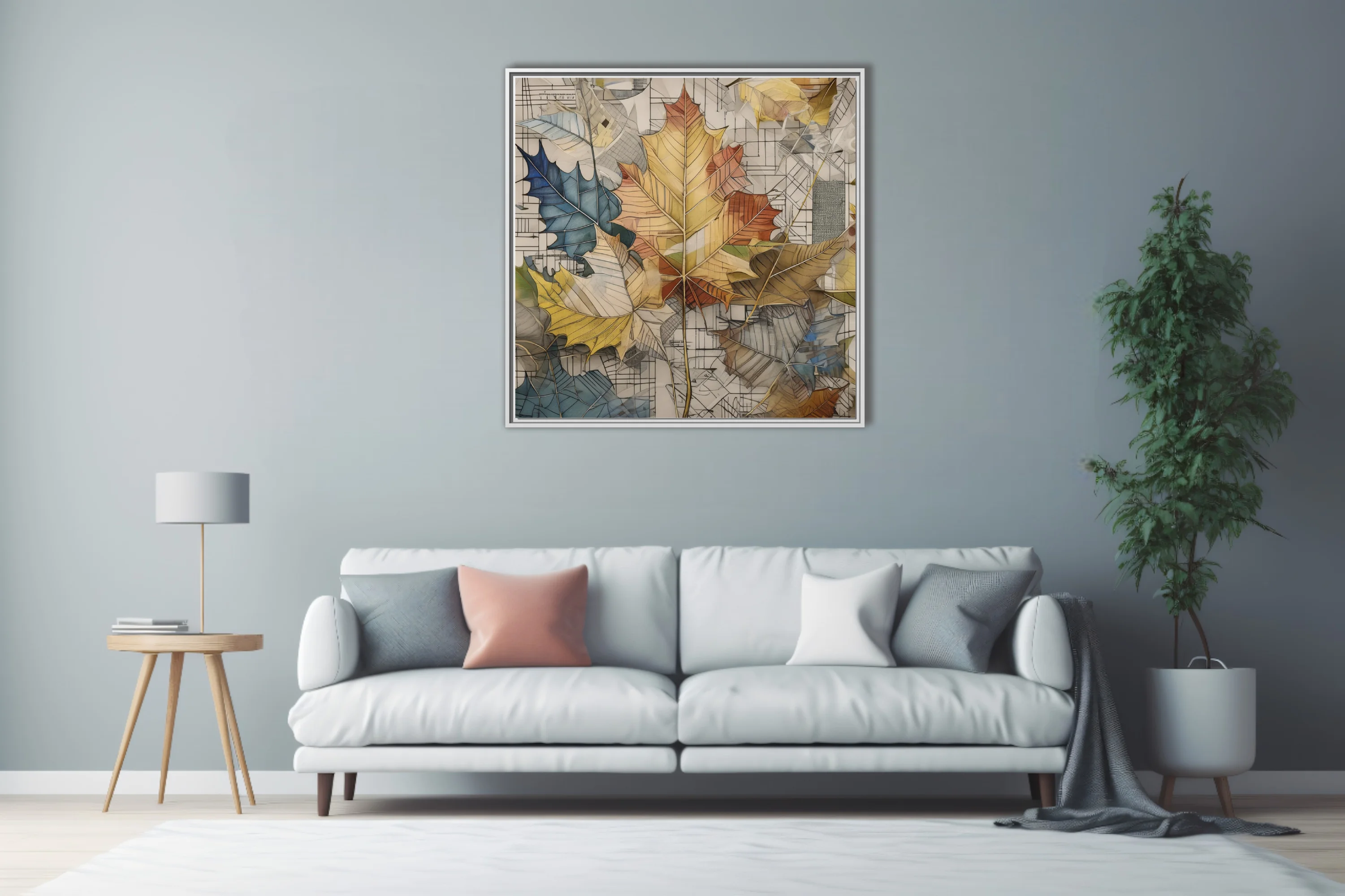 Collage-style autumn maple leaves in earth tones over architectural sketch background