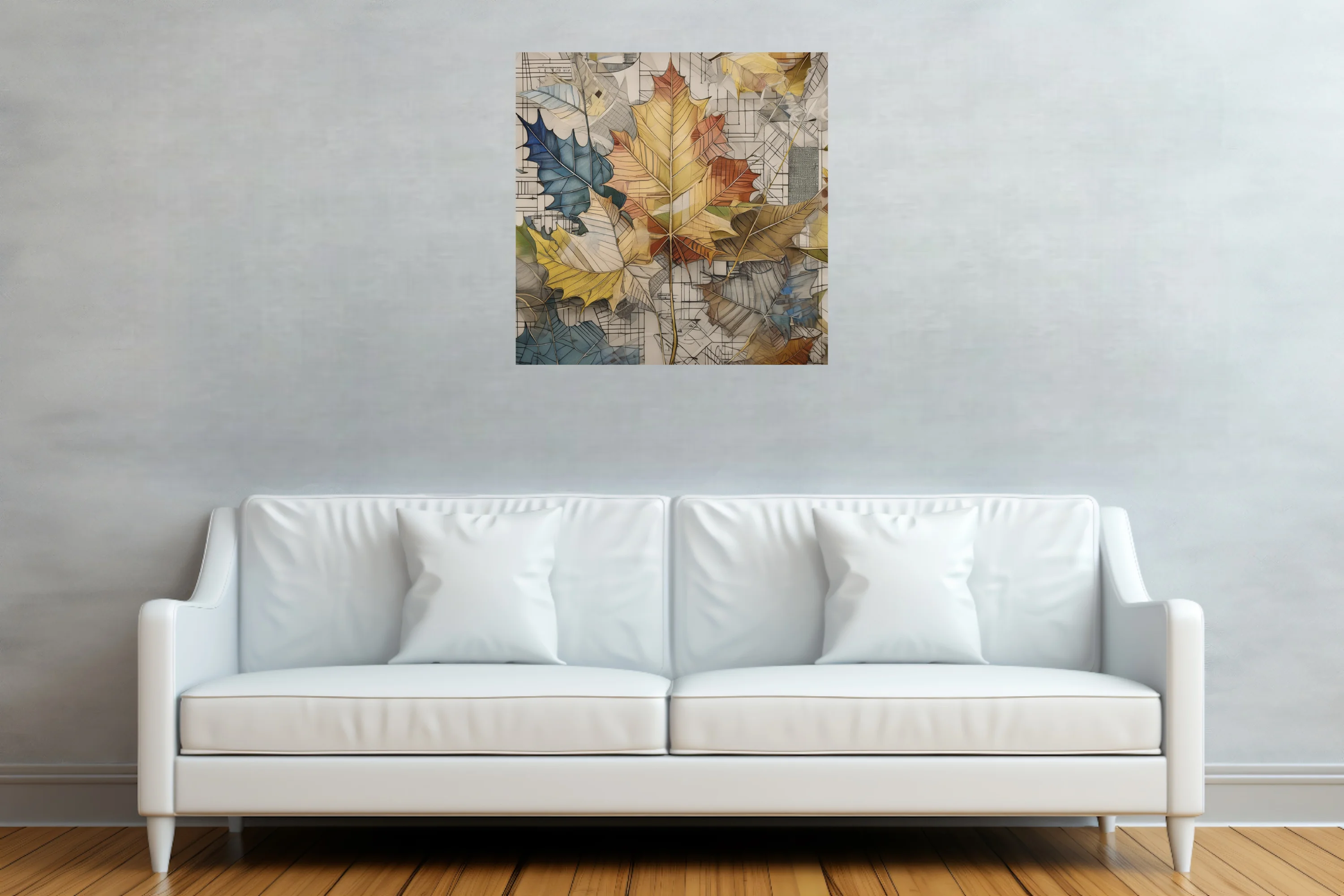 Collage-style autumn maple leaves in earth tones over architectural sketch background