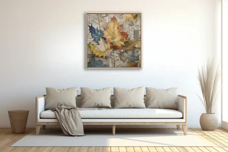 Collage-style autumn maple leaves in earth tones over architectural sketch background