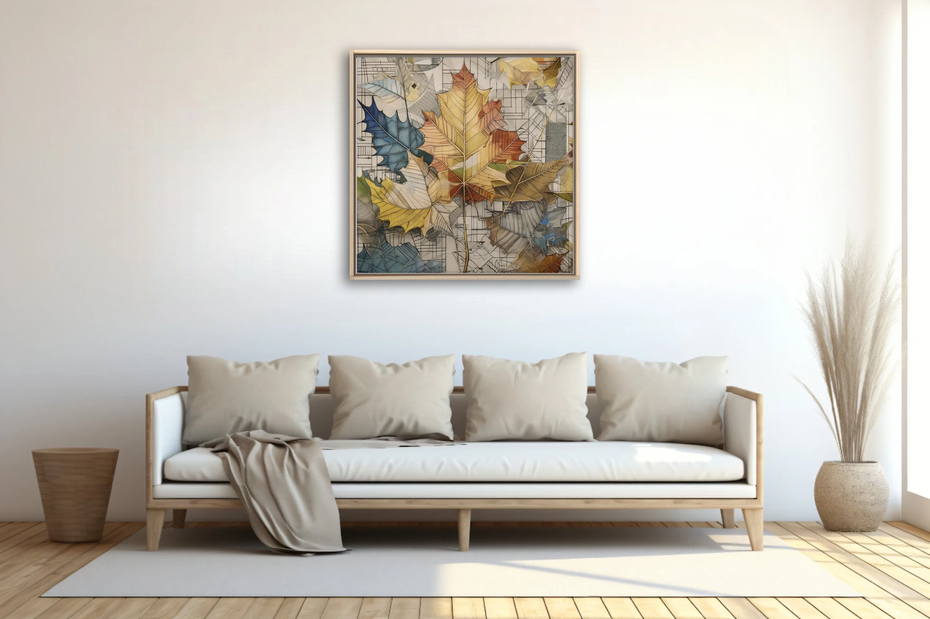 Collage-style autumn maple leaves in earth tones over architectural sketch background