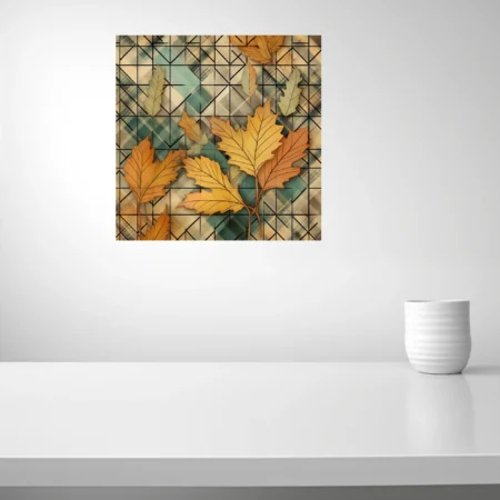 Geometric autumn botanical art print, amber leaves on teal plaid grid pattern