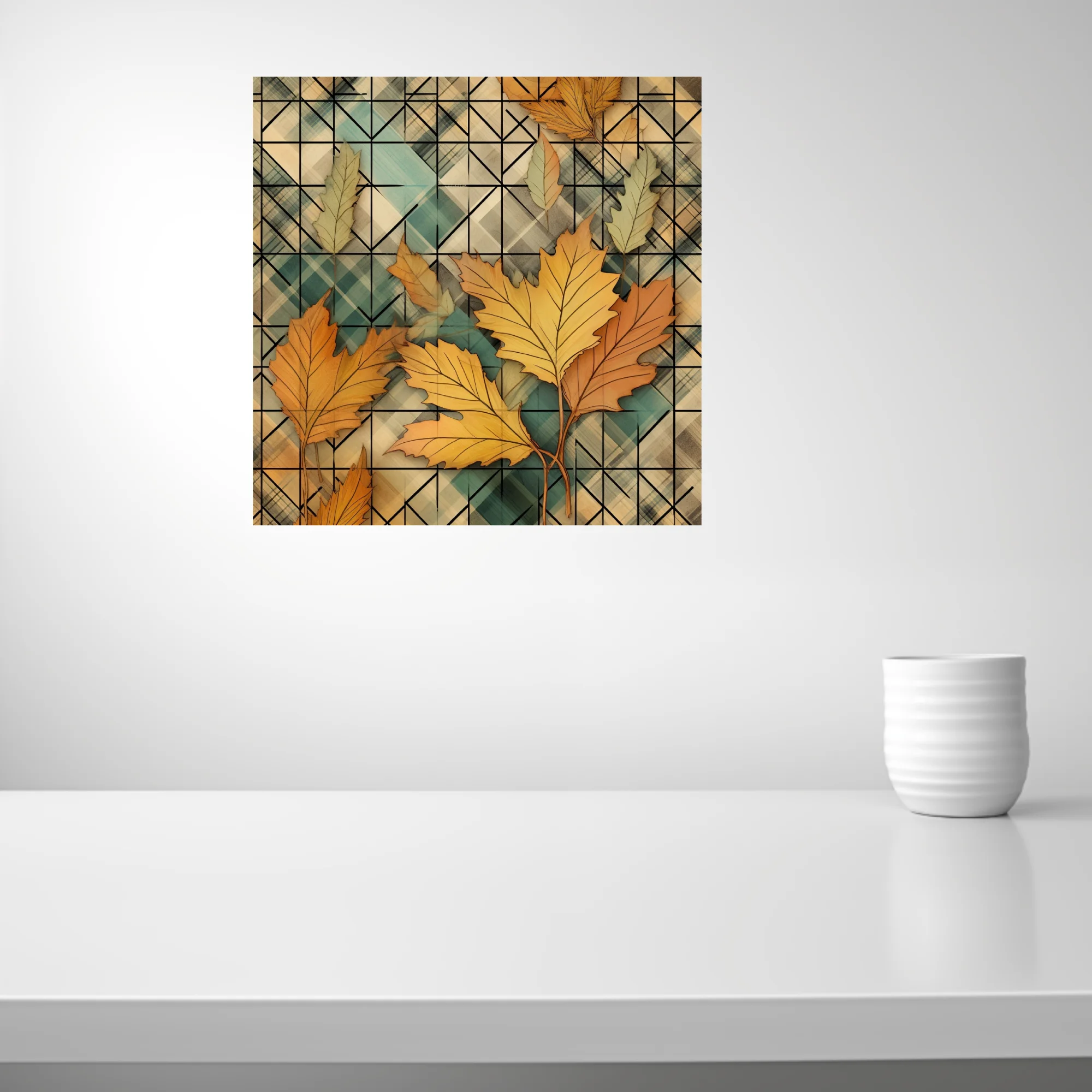 Geometric autumn botanical art print, amber leaves on teal plaid grid pattern