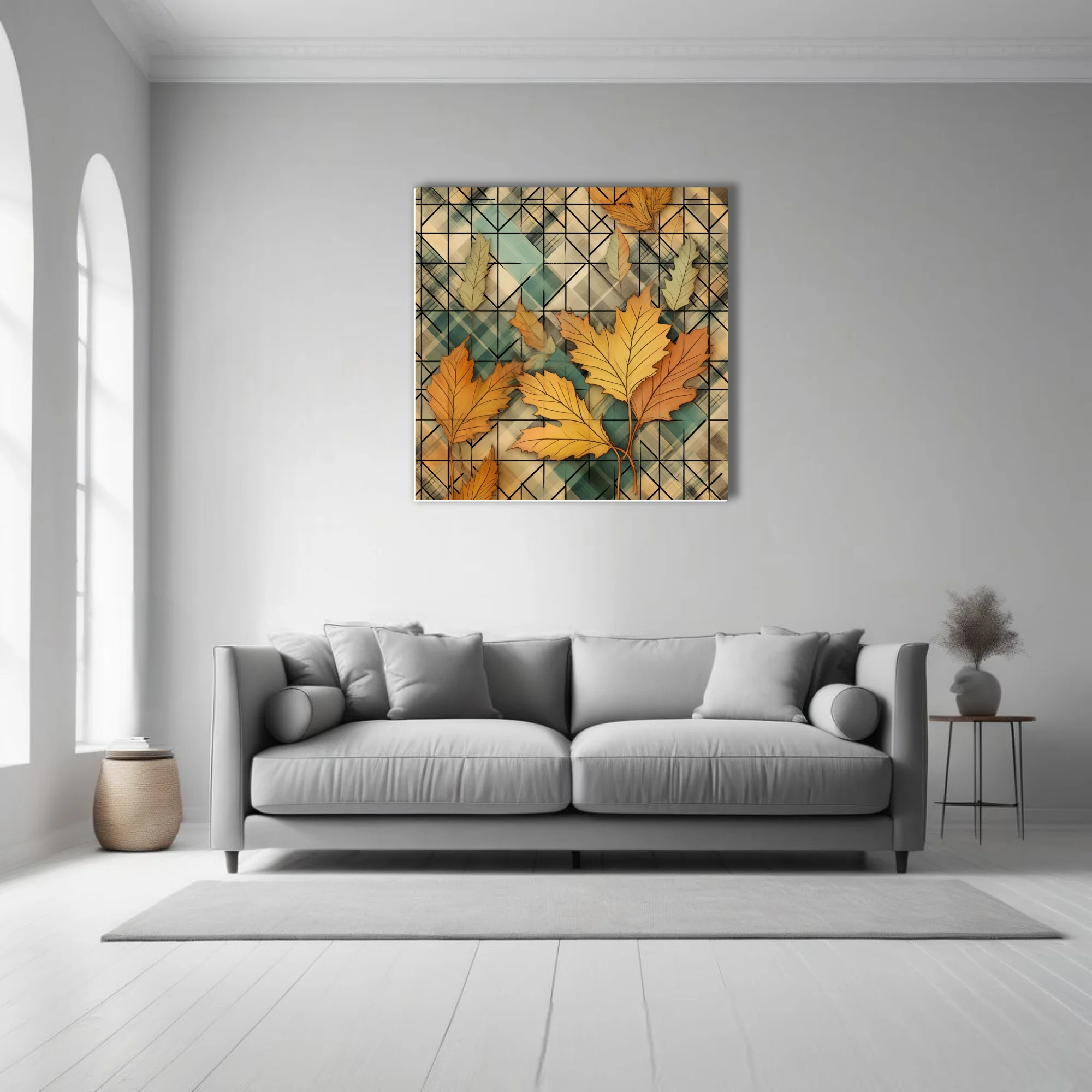 Geometric autumn botanical art print, amber leaves on teal plaid grid pattern