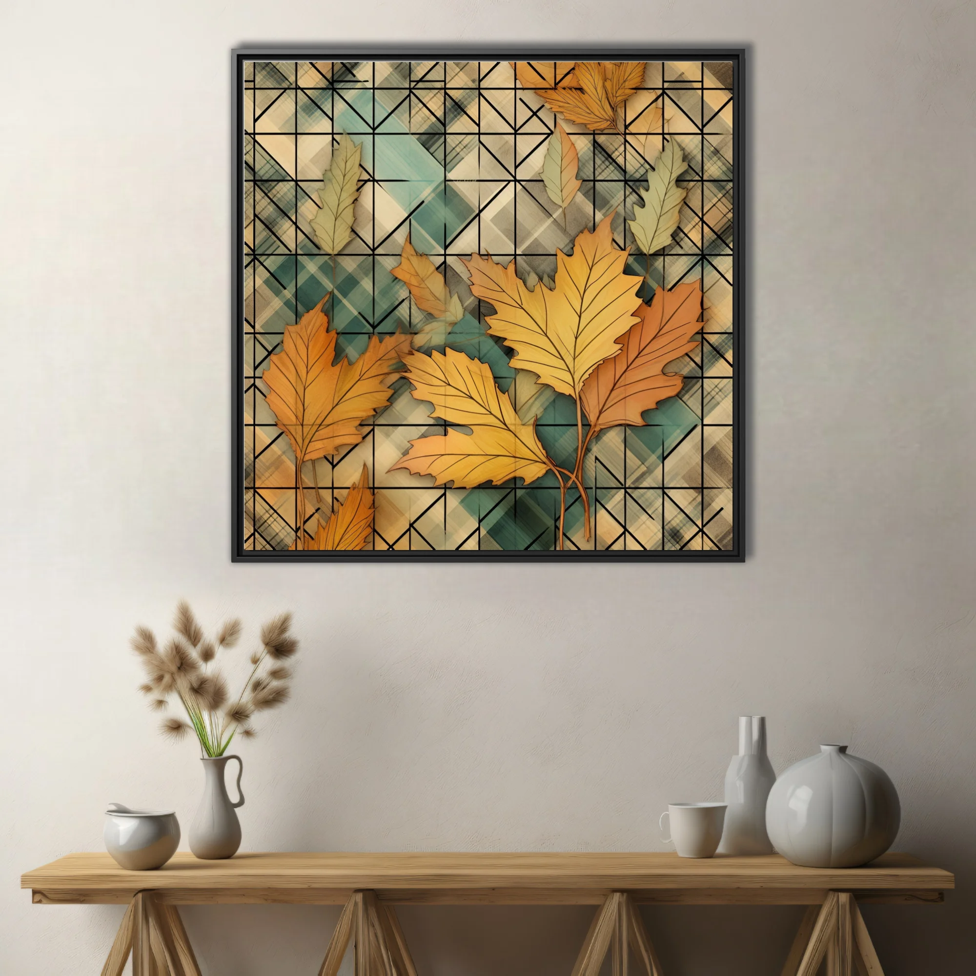 Geometric autumn botanical art print, amber leaves on teal plaid grid pattern