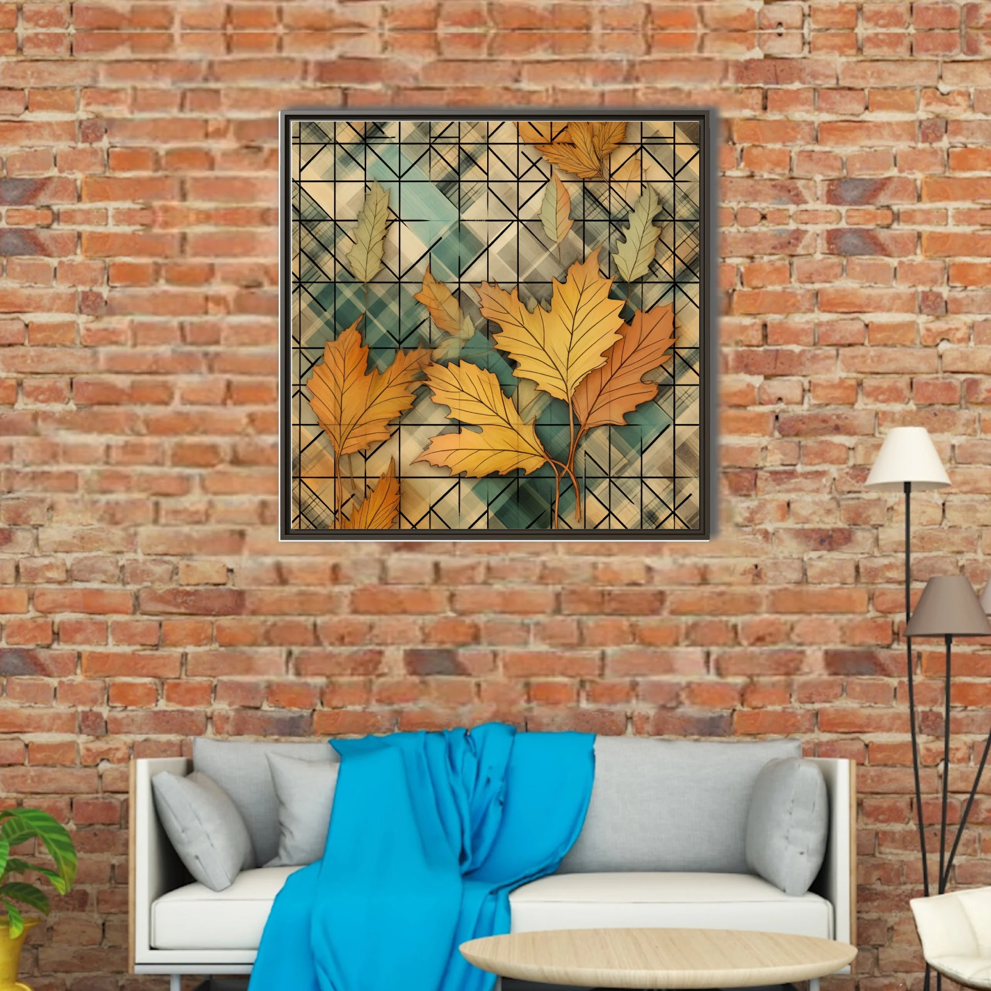 Geometric autumn botanical art print, amber leaves on teal plaid grid pattern