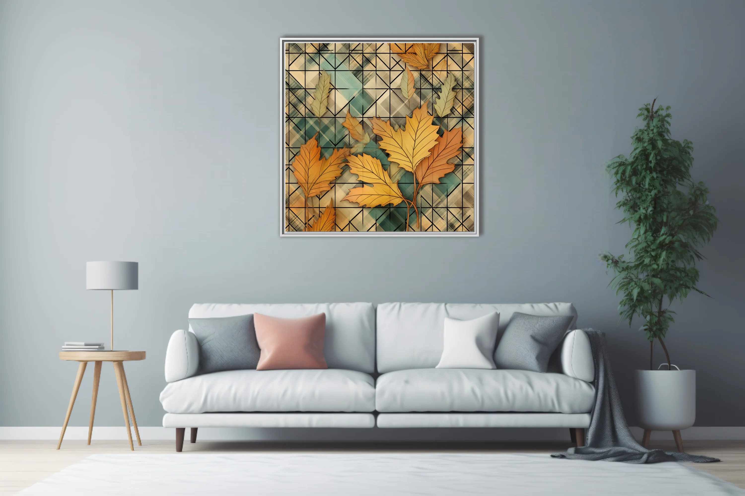 Geometric autumn botanical art print, amber leaves on teal plaid grid pattern
