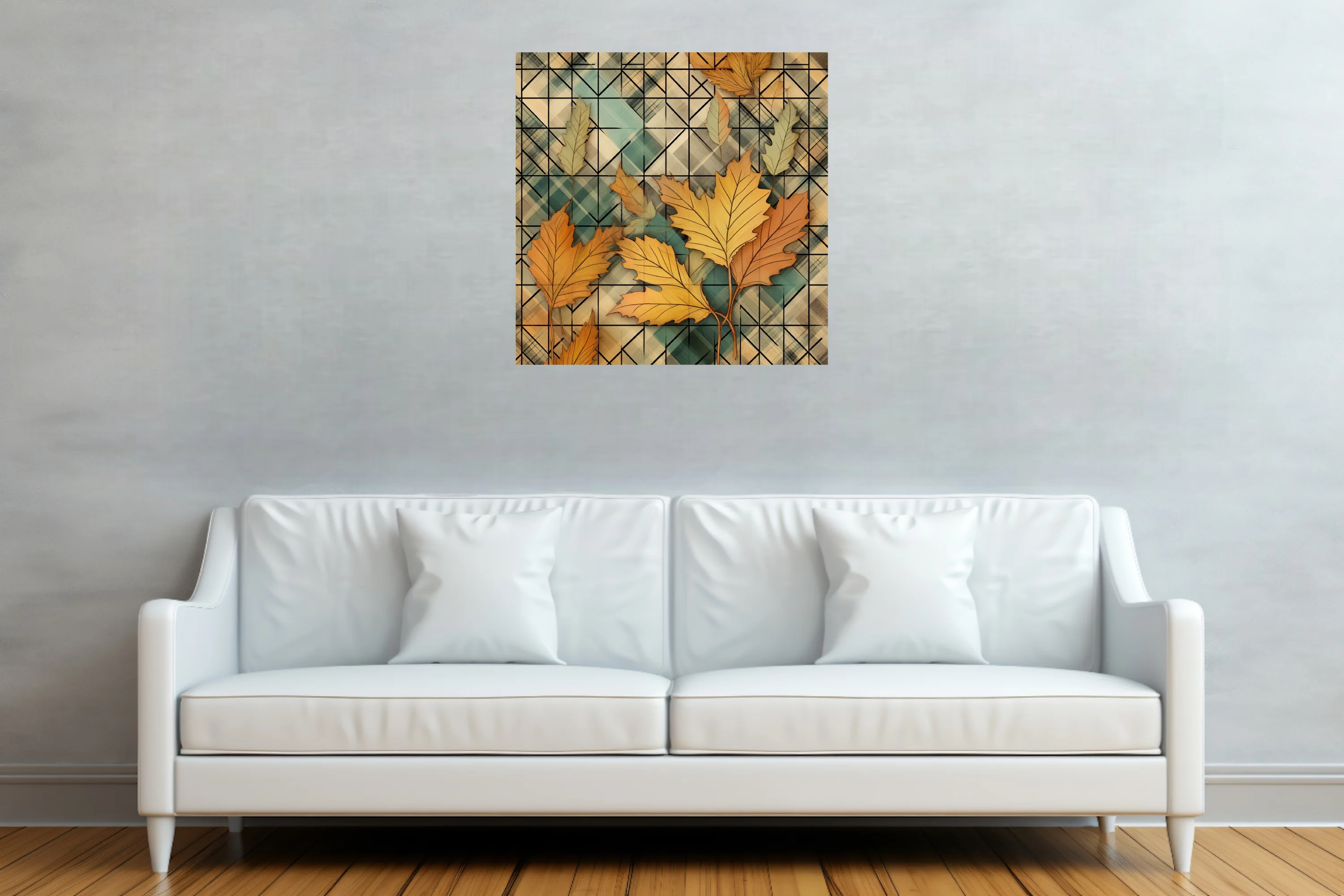 Geometric autumn botanical art print, amber leaves on teal plaid grid pattern