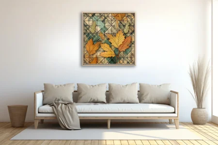 Geometric autumn botanical art print, amber leaves on teal plaid grid pattern