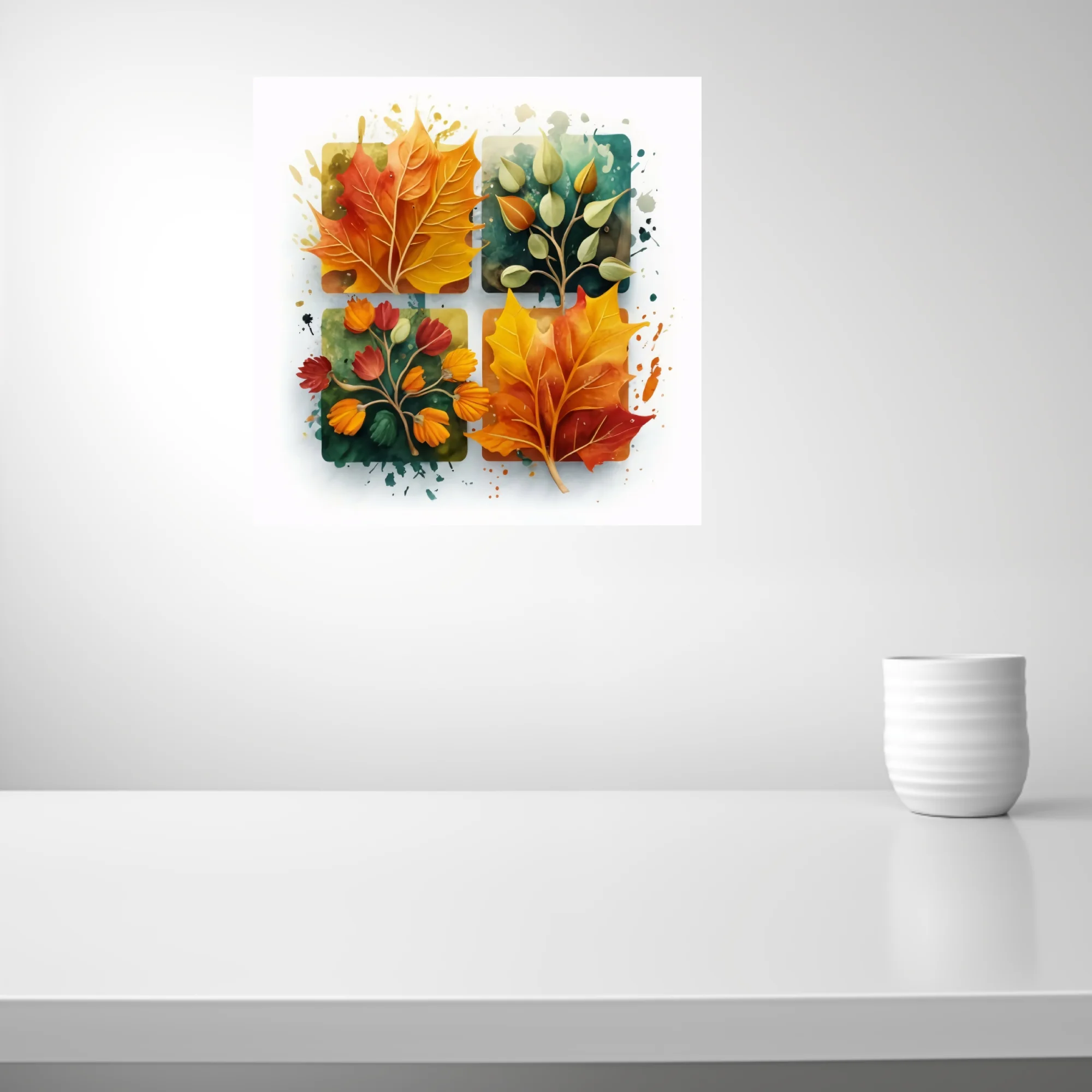 Abstract watercolor-style autumn botanical art, warm amber crimson teal palette