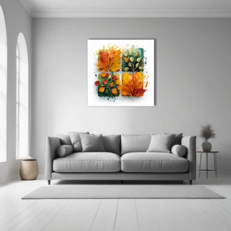 Abstract watercolor-style autumn botanical art, warm amber crimson teal palette