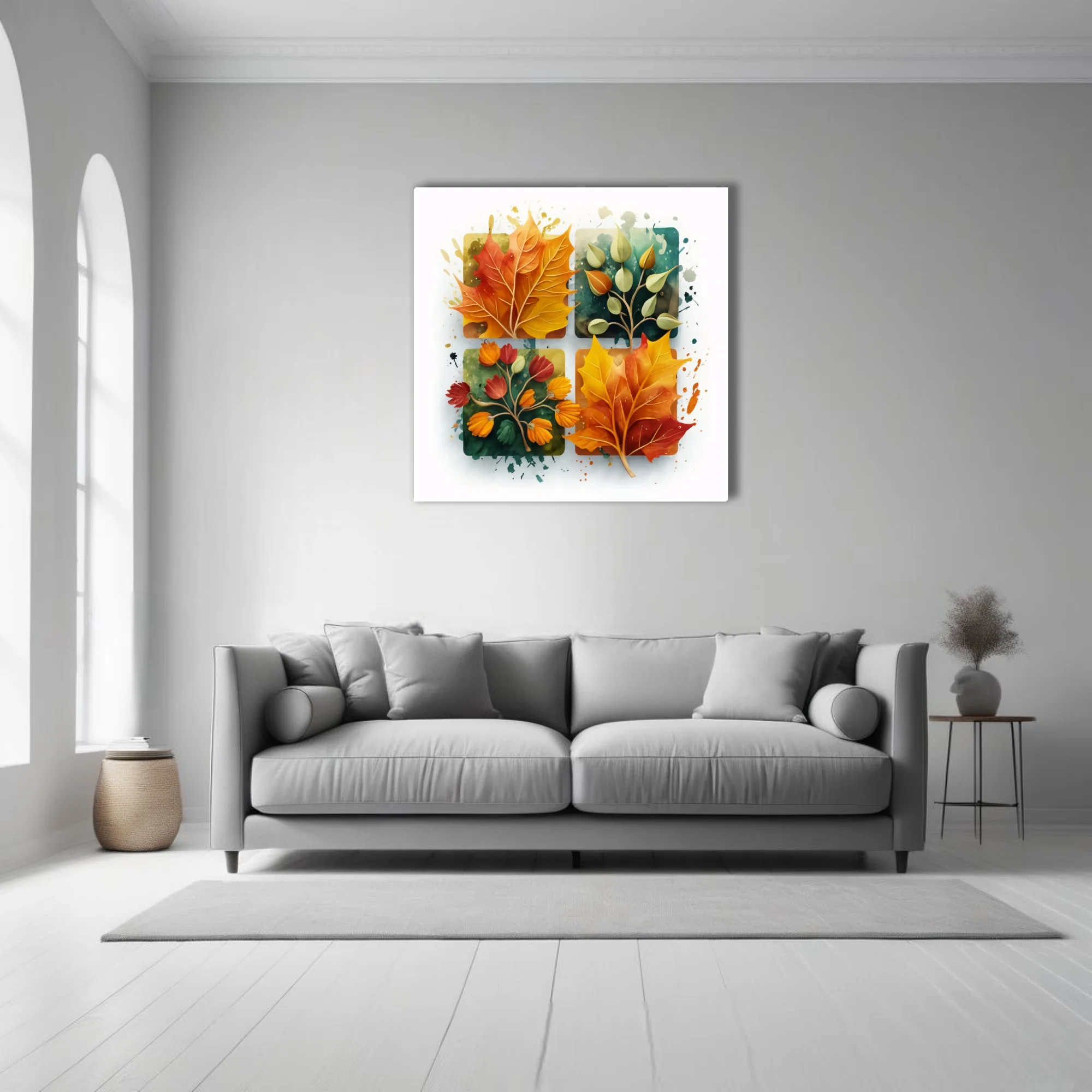 Abstract watercolor-style autumn botanical art, warm amber crimson teal palette