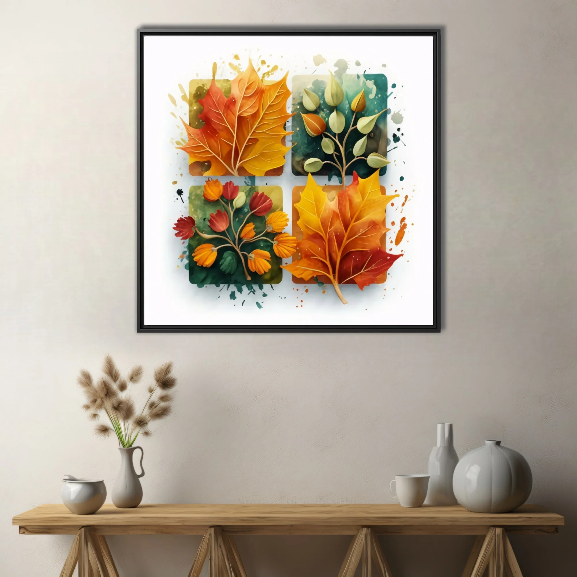 Abstract watercolor-style autumn botanical art, warm amber crimson teal palette