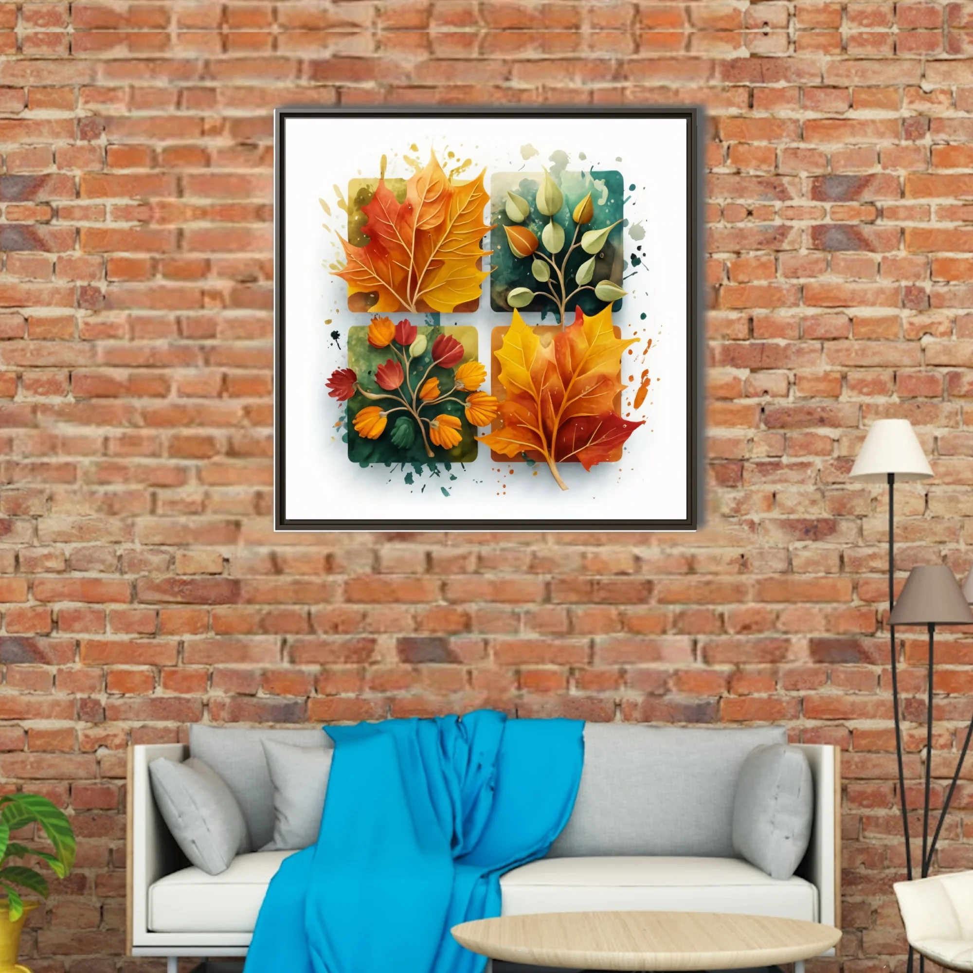 Abstract watercolor-style autumn botanical art, warm amber crimson teal palette