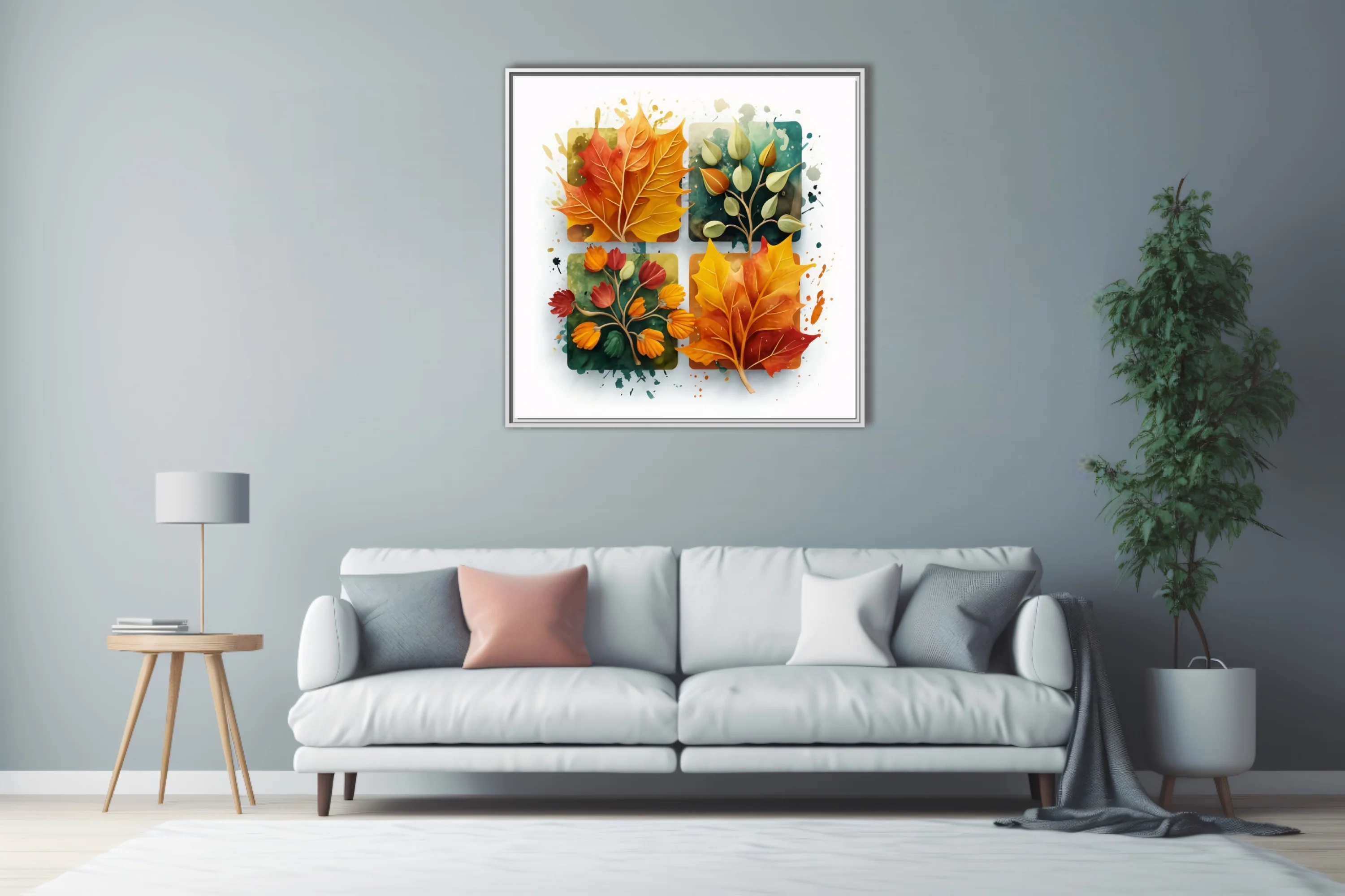 Abstract watercolor-style autumn botanical art, warm amber crimson teal palette