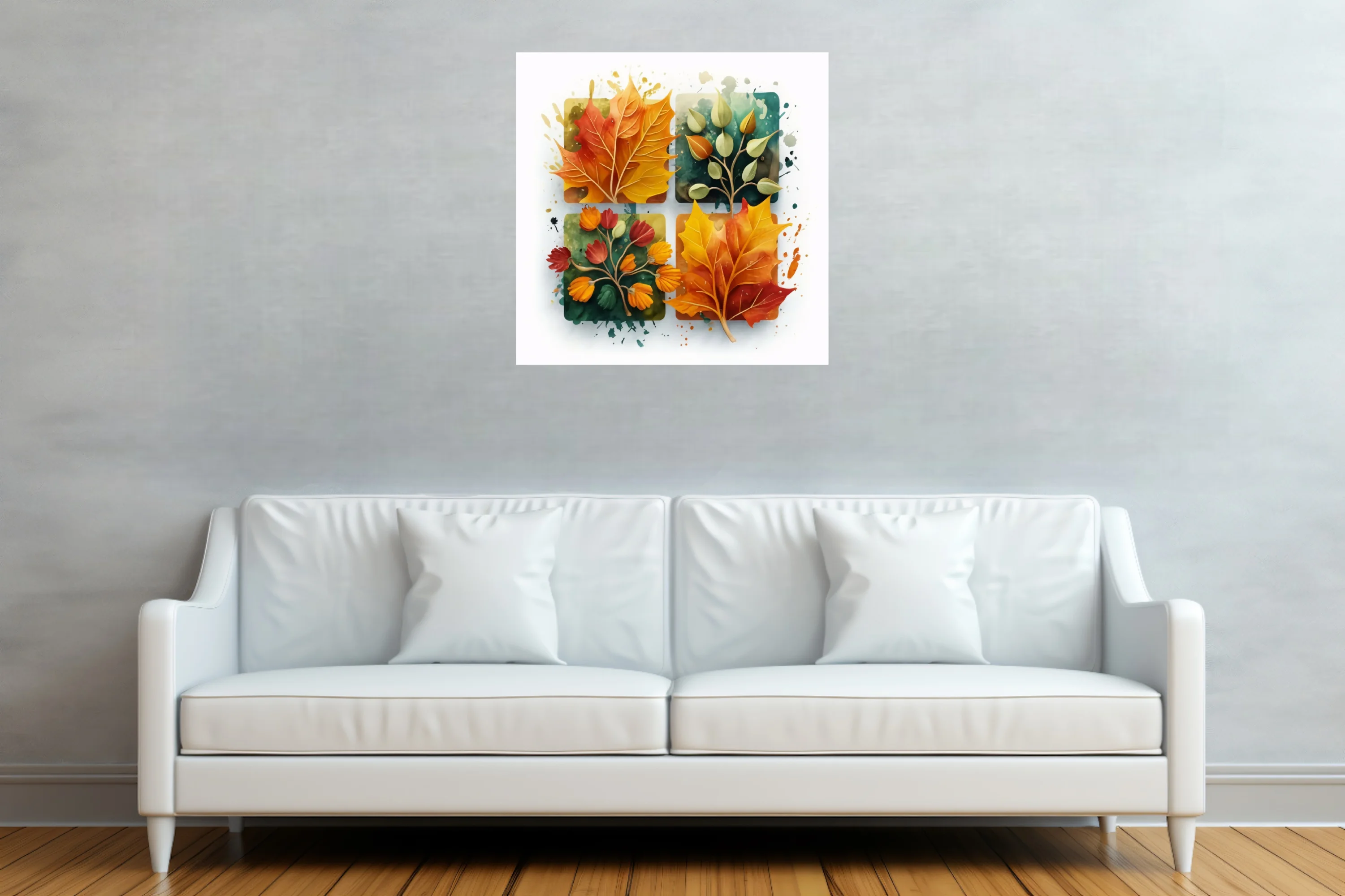 Abstract watercolor-style autumn botanical art, warm amber crimson teal palette
