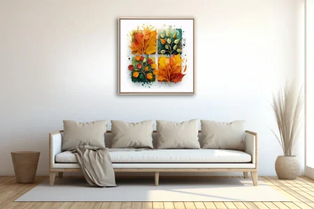 Abstract watercolor-style autumn botanical art, warm amber crimson teal palette