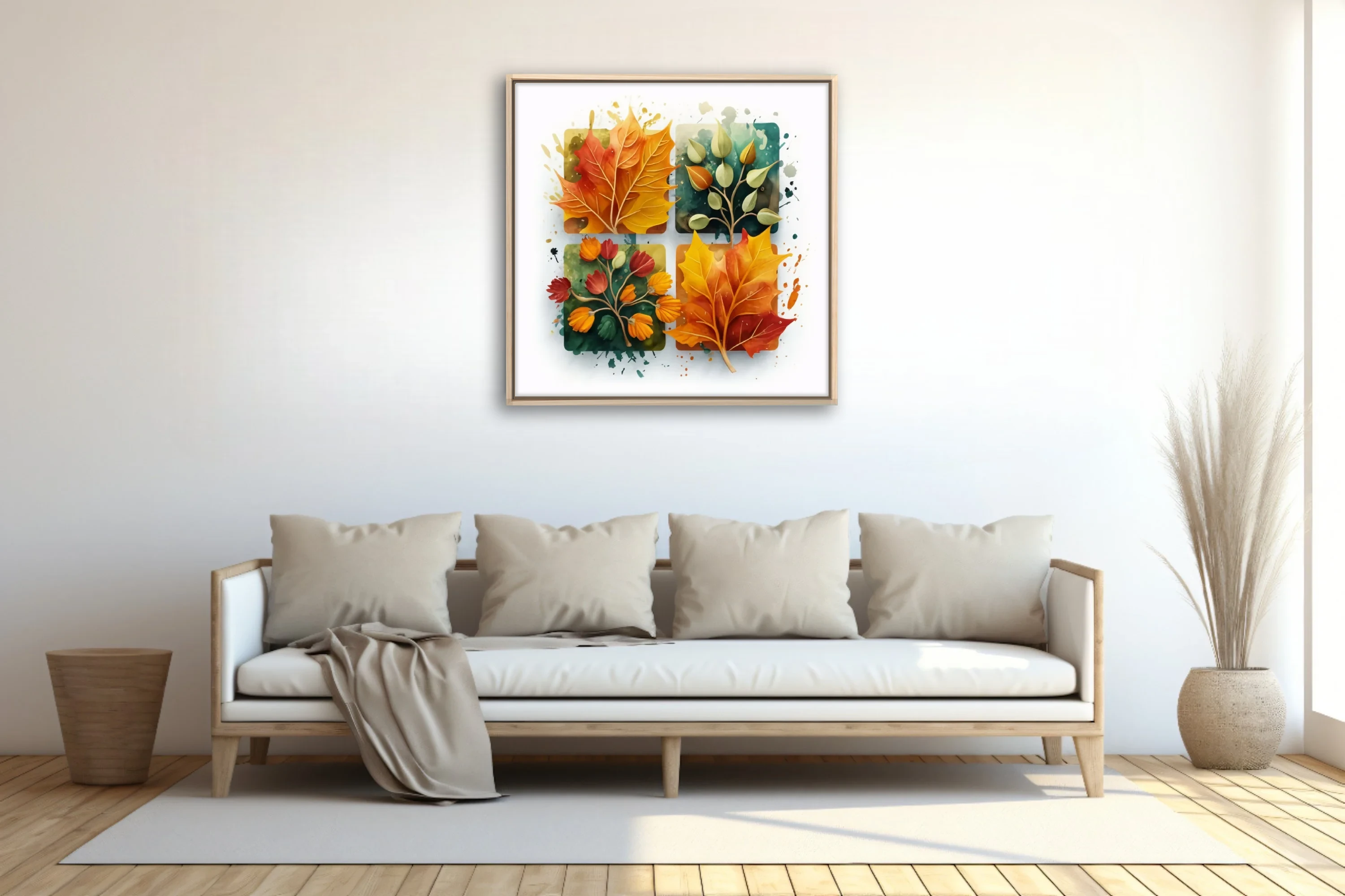 Abstract watercolor-style autumn botanical art, warm amber crimson teal palette