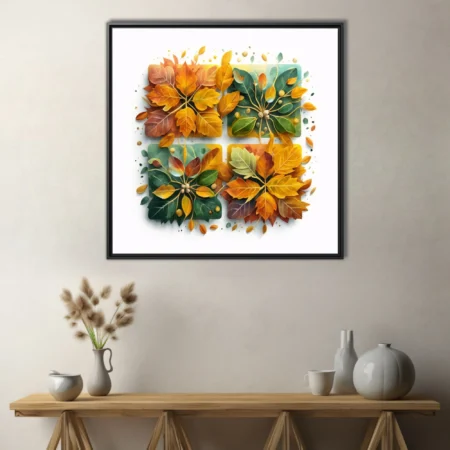 Watercolor-style autumn botanical tiles with amber and teal foliage