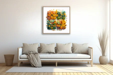 Watercolor-style autumn botanical tiles with amber and teal foliage