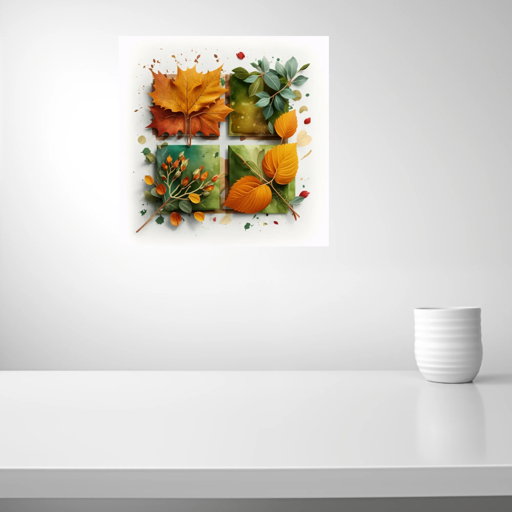 Abstract autumn botanical art — orange foliage and berry sprigs on sage watercolor panels