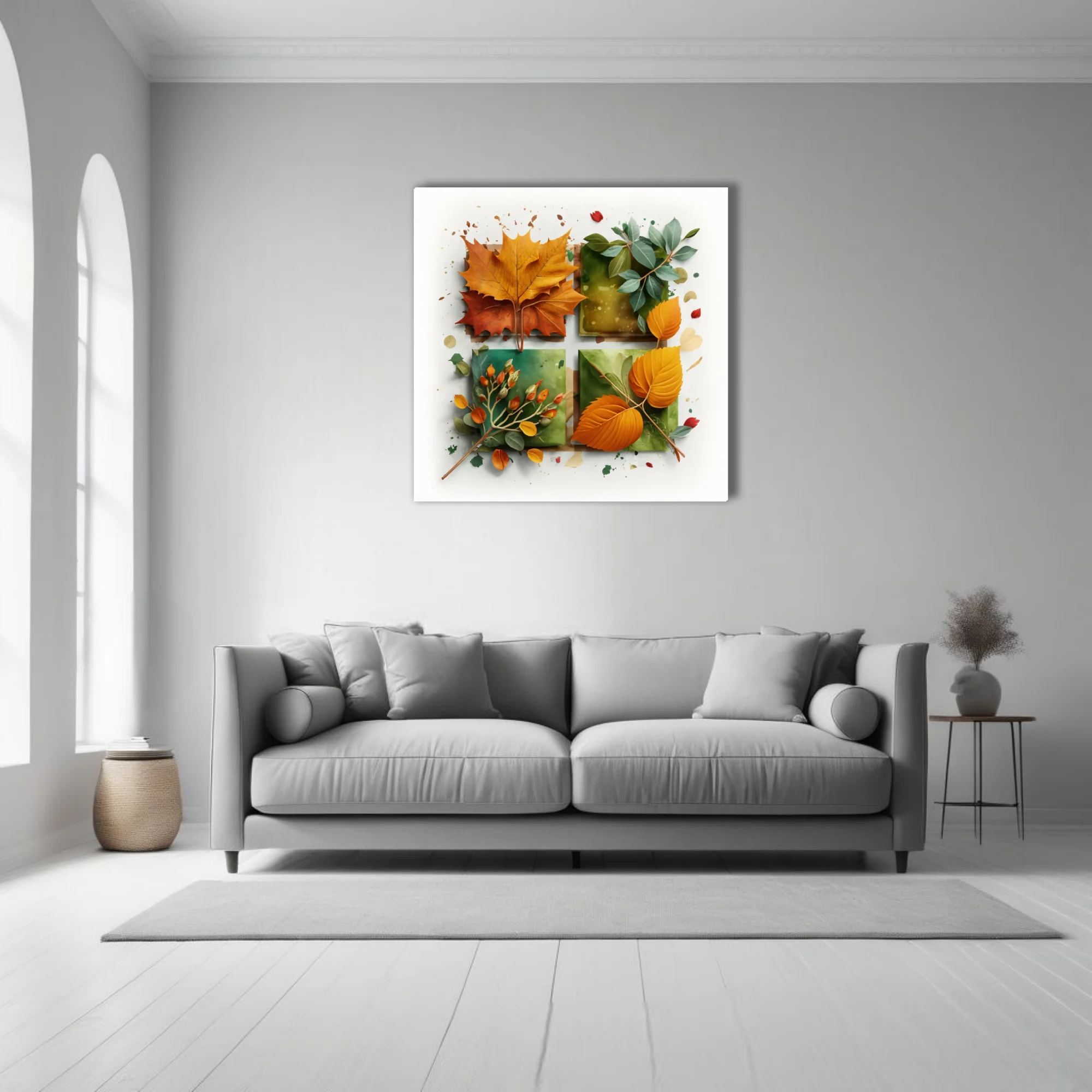 Abstract autumn botanical art — orange foliage and berry sprigs on sage watercolor panels