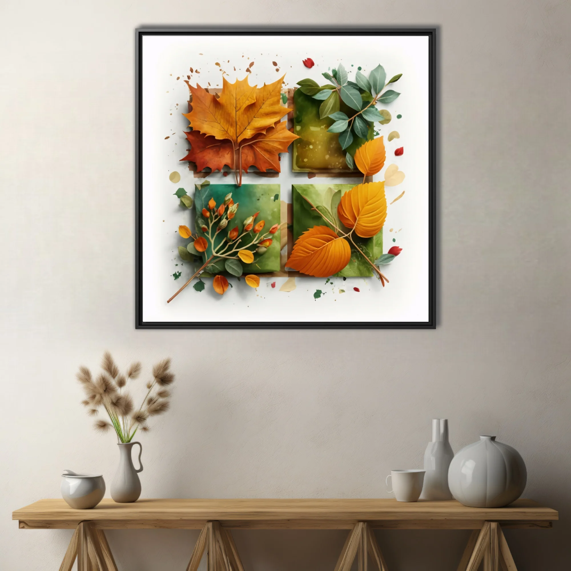 Abstract autumn botanical art — orange foliage and berry sprigs on sage watercolor panels