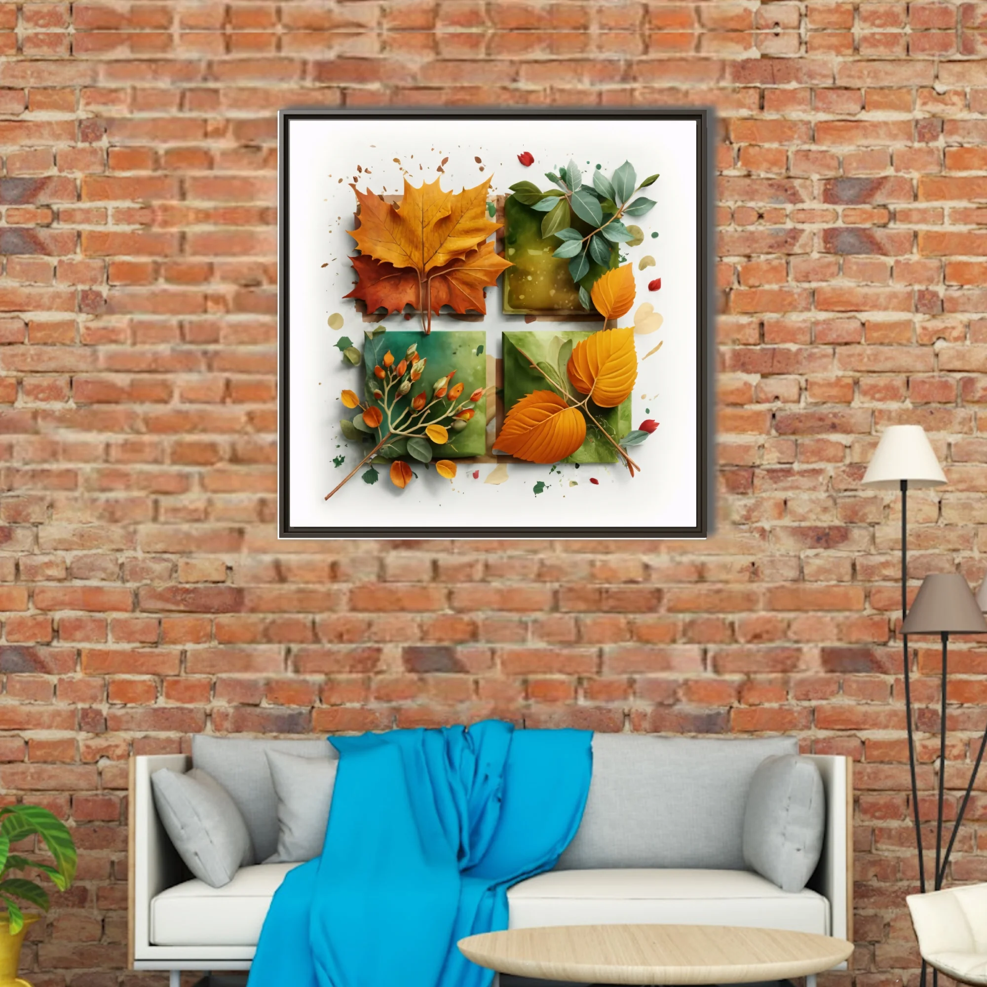 Abstract autumn botanical art — orange foliage and berry sprigs on sage watercolor panels