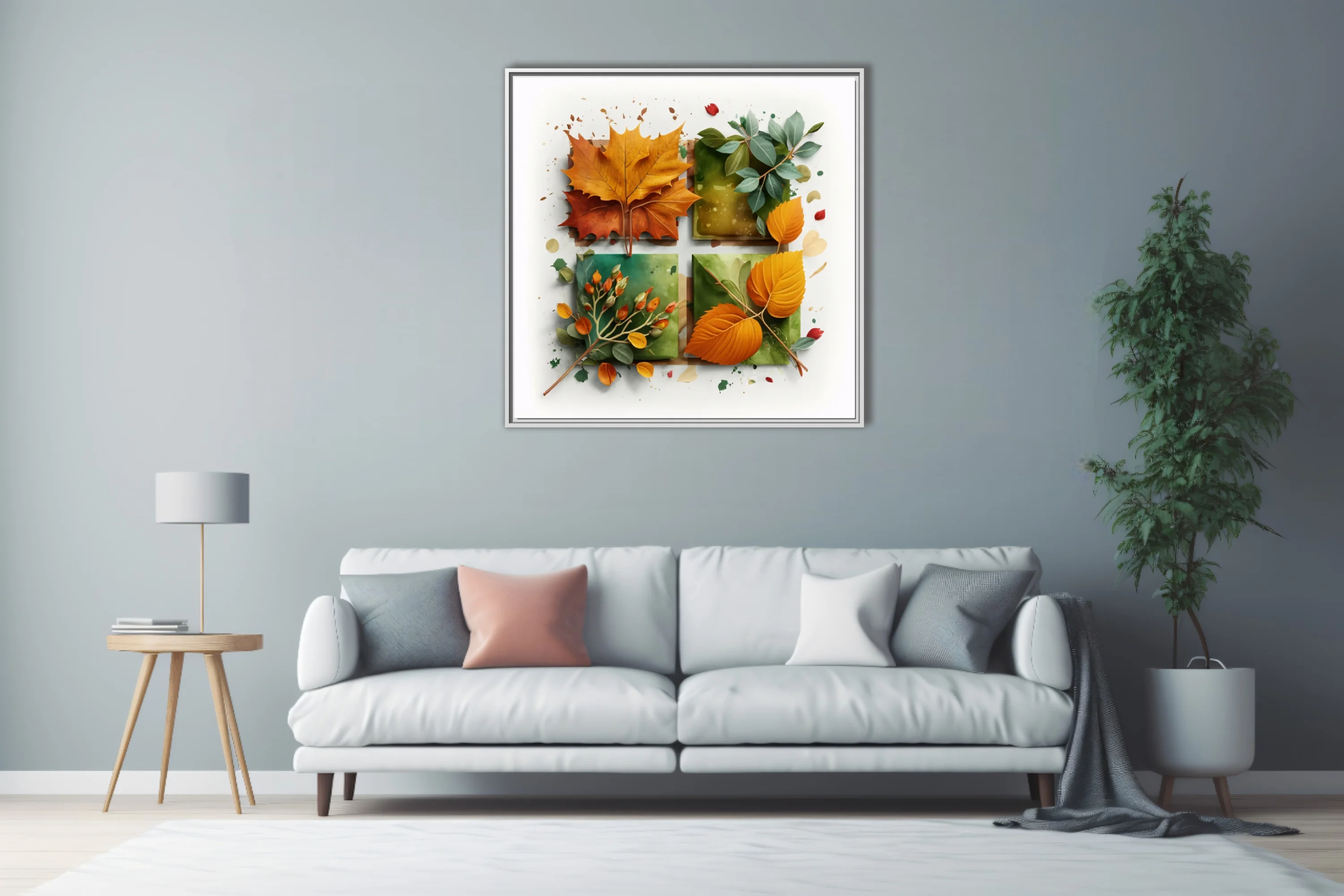 Abstract autumn botanical art — orange foliage and berry sprigs on sage watercolor panels