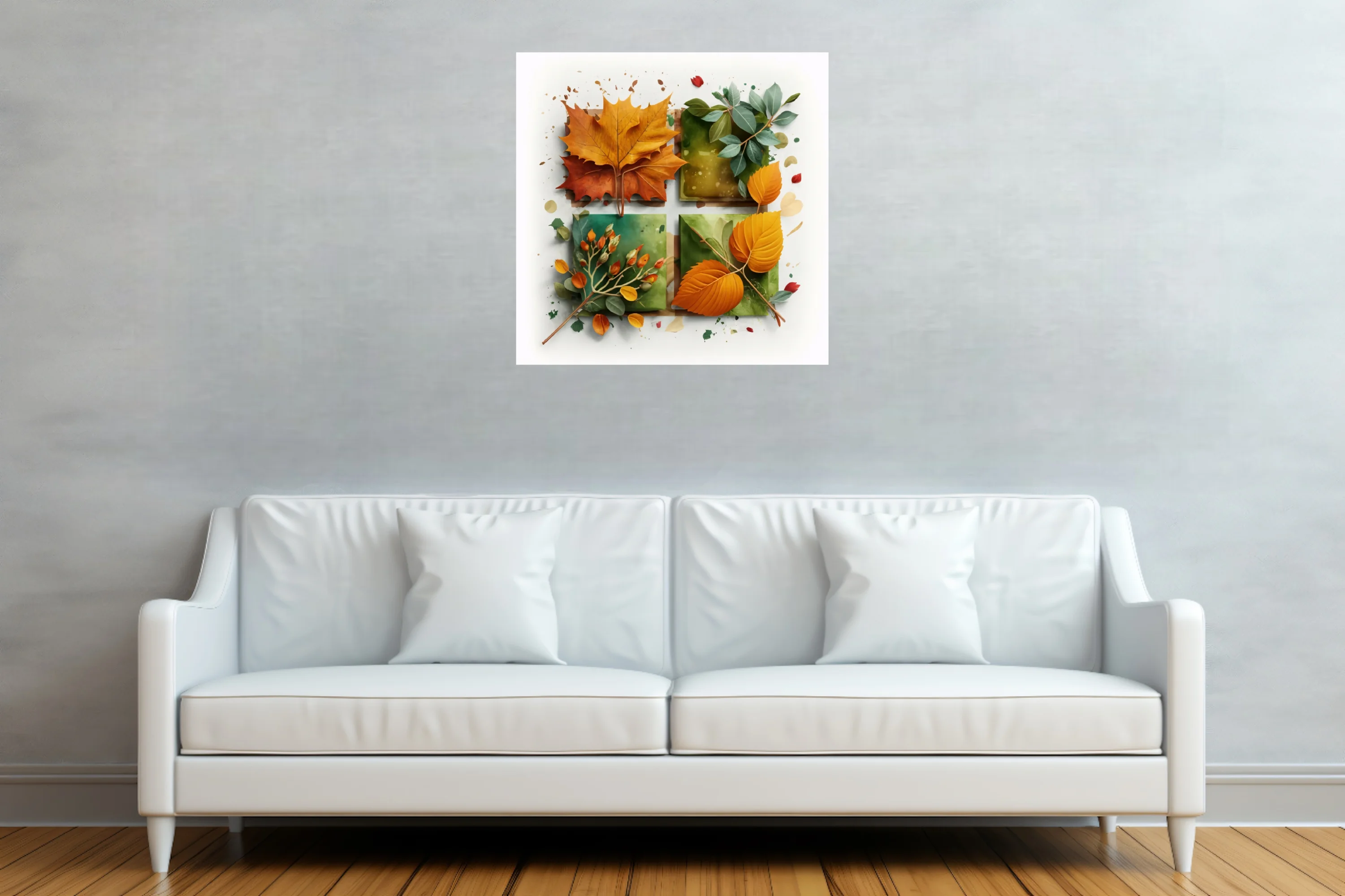 Abstract autumn botanical art — orange foliage and berry sprigs on sage watercolor panels