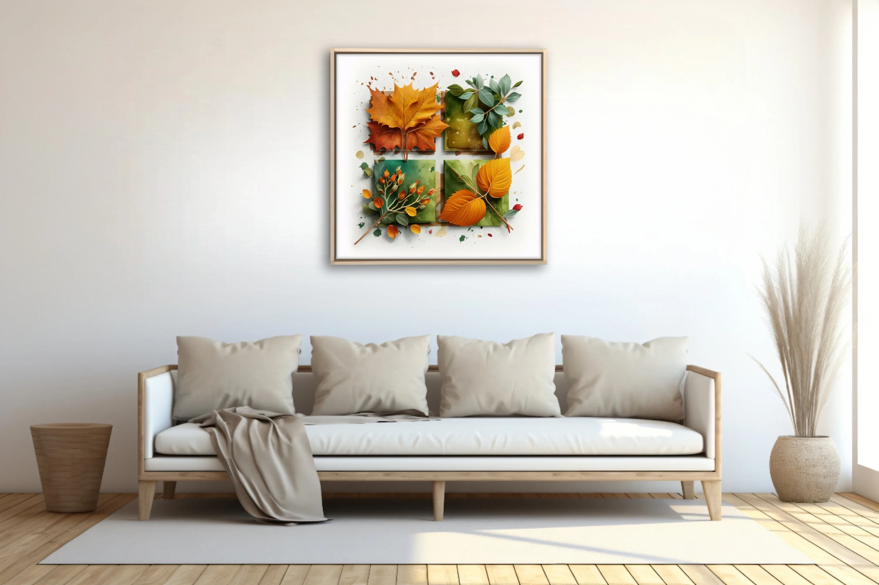 Abstract autumn botanical art — orange foliage and berry sprigs on sage watercolor panels