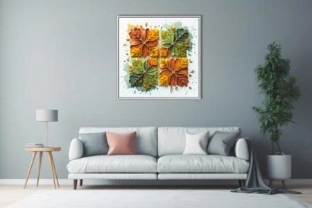 Abstract autumn botanical art — terracotta, gold, and sage leaf motifs with watercolor splashes