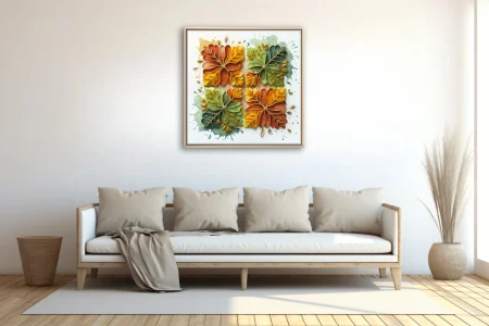 Abstract autumn botanical art — terracotta, gold, and sage leaf motifs with watercolor splashes