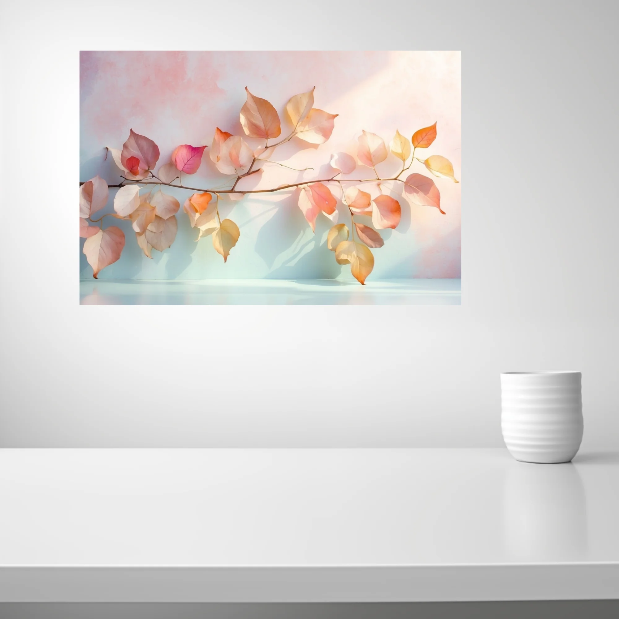 Minimalist botanical print, translucent autumn leaves in pastel peach and blush tones