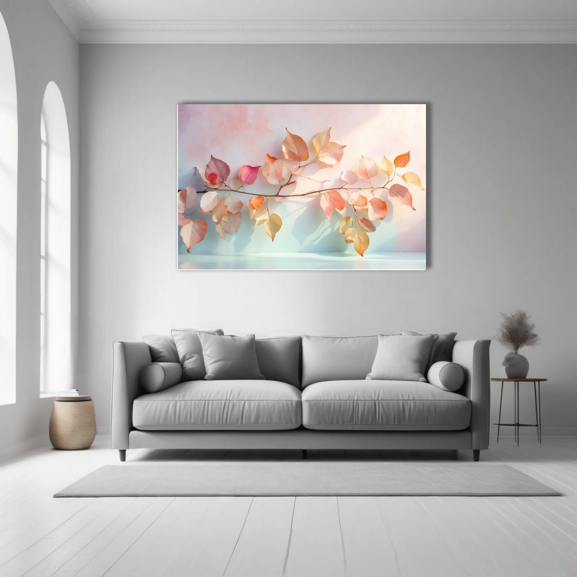 Minimalist botanical print, translucent autumn leaves in pastel peach and blush tones
