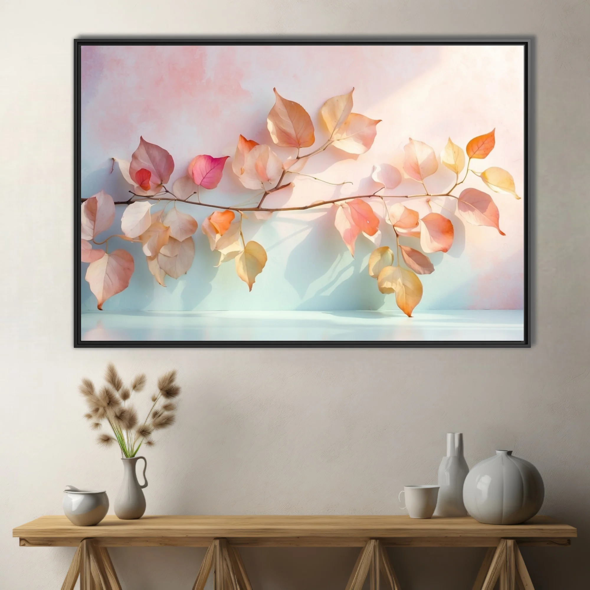 Minimalist botanical print, translucent autumn leaves in pastel peach and blush tones