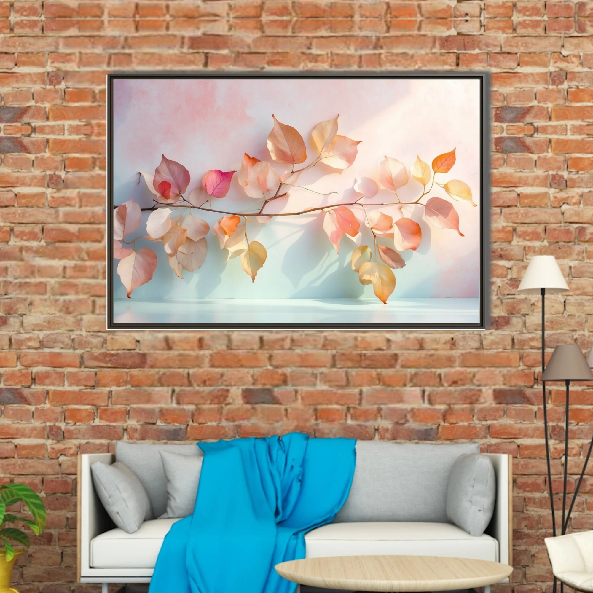 Minimalist botanical print, translucent autumn leaves in pastel peach and blush tones