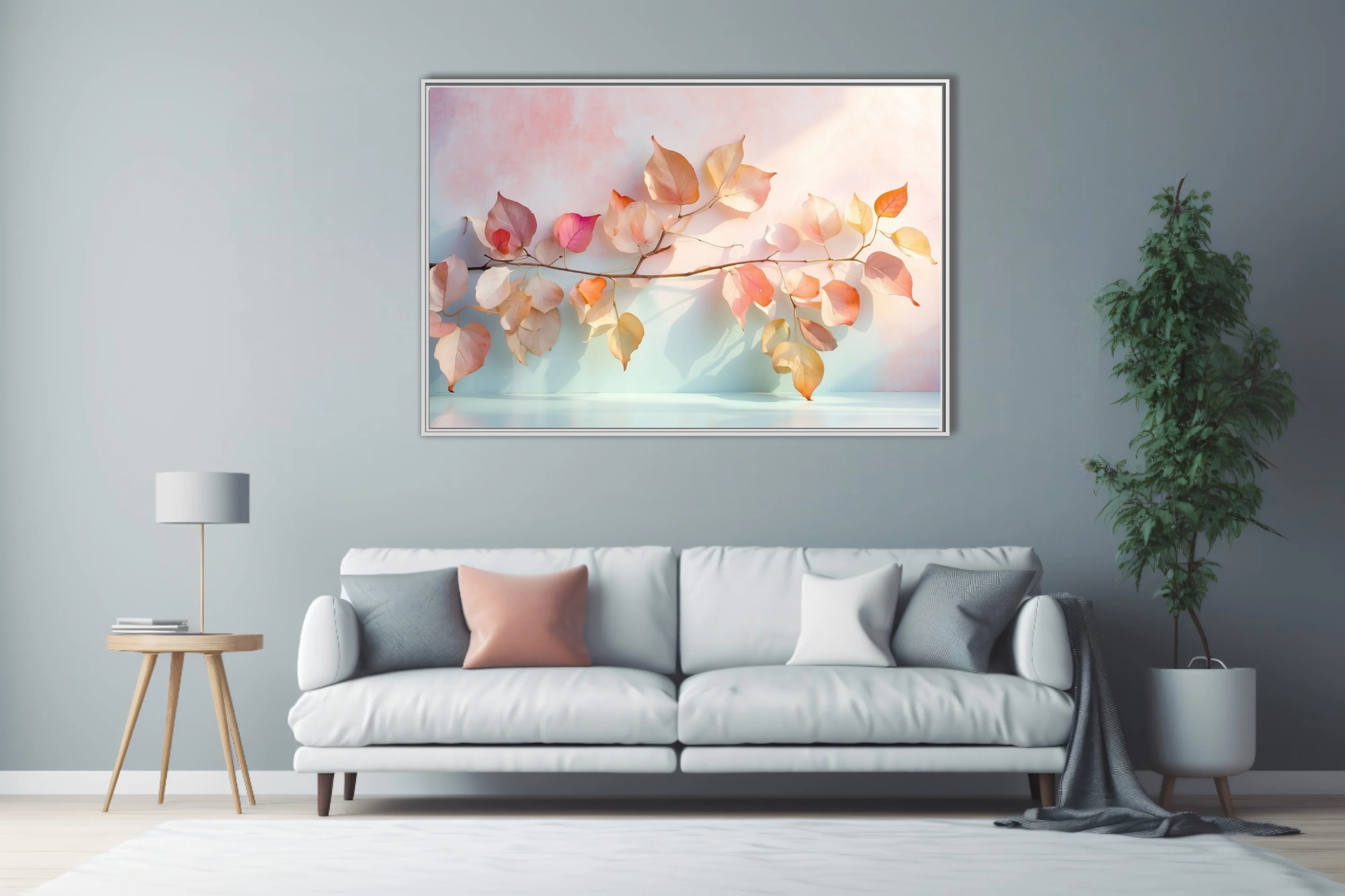 Minimalist botanical print, translucent autumn leaves in pastel peach and blush tones