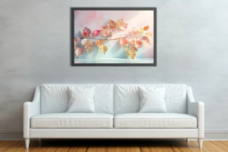 Minimalist botanical print, translucent autumn leaves in pastel peach and blush tones
