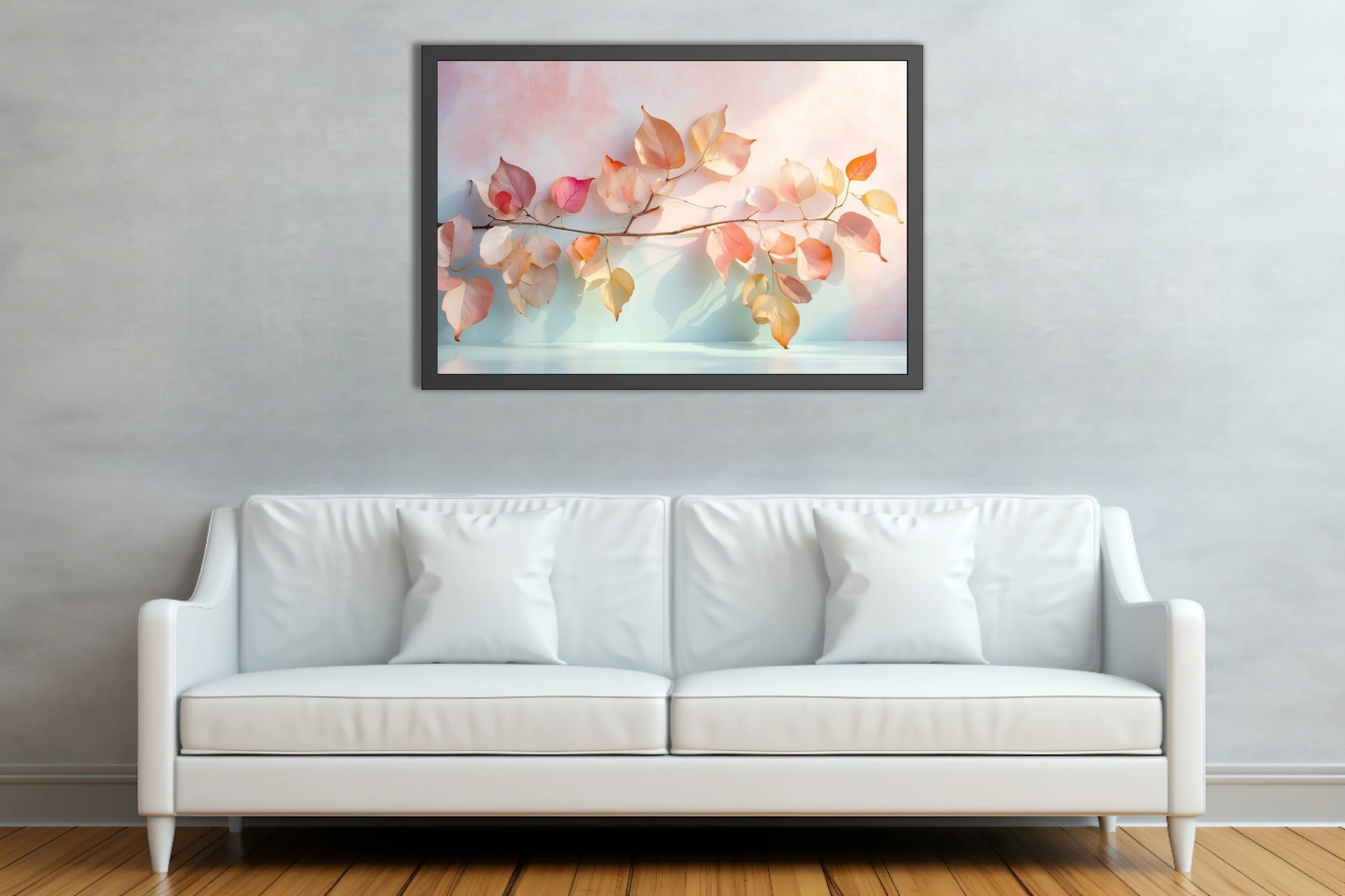 Minimalist botanical print, translucent autumn leaves in pastel peach and blush tones