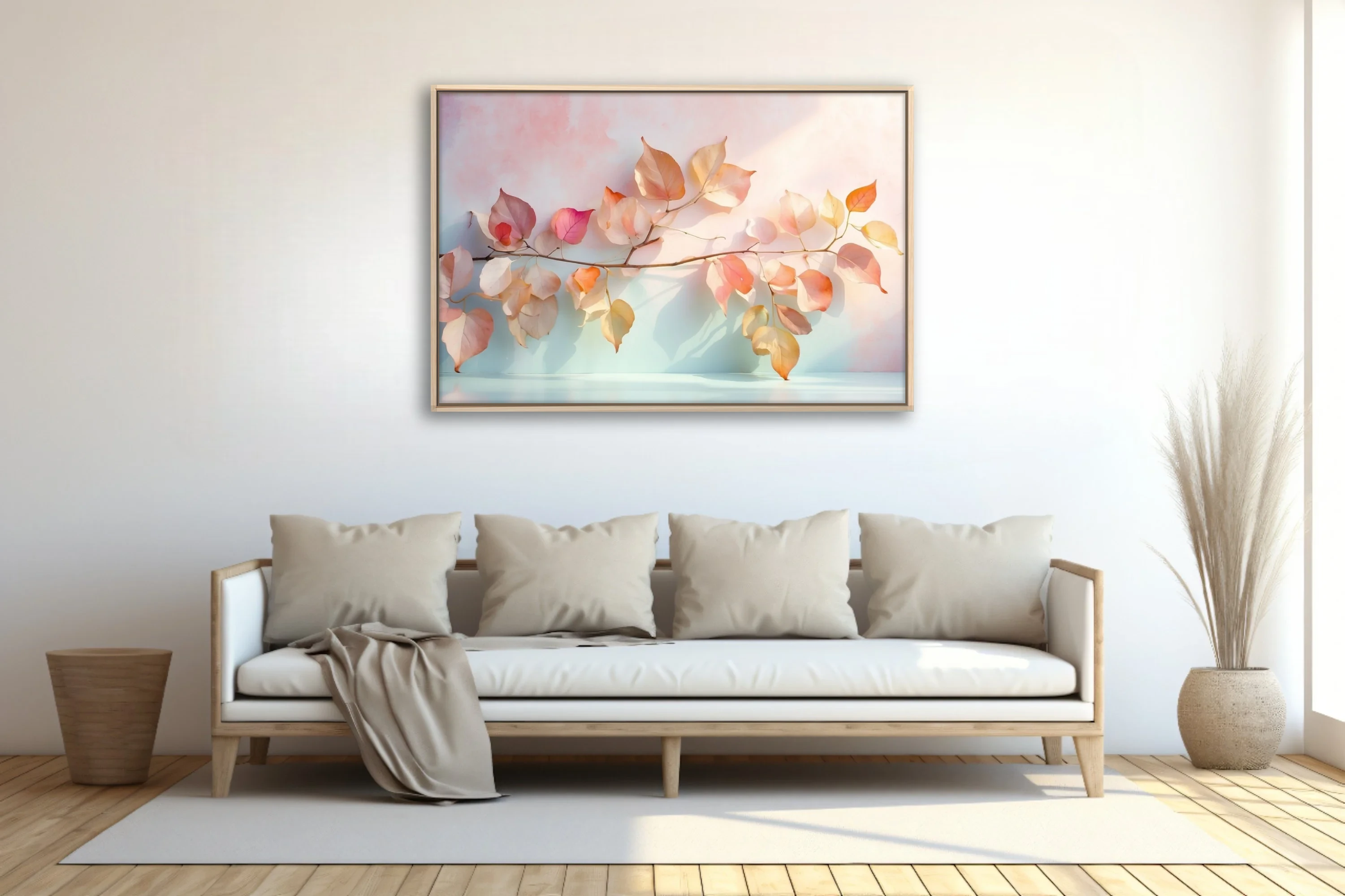 Minimalist botanical print, translucent autumn leaves in pastel peach and blush tones