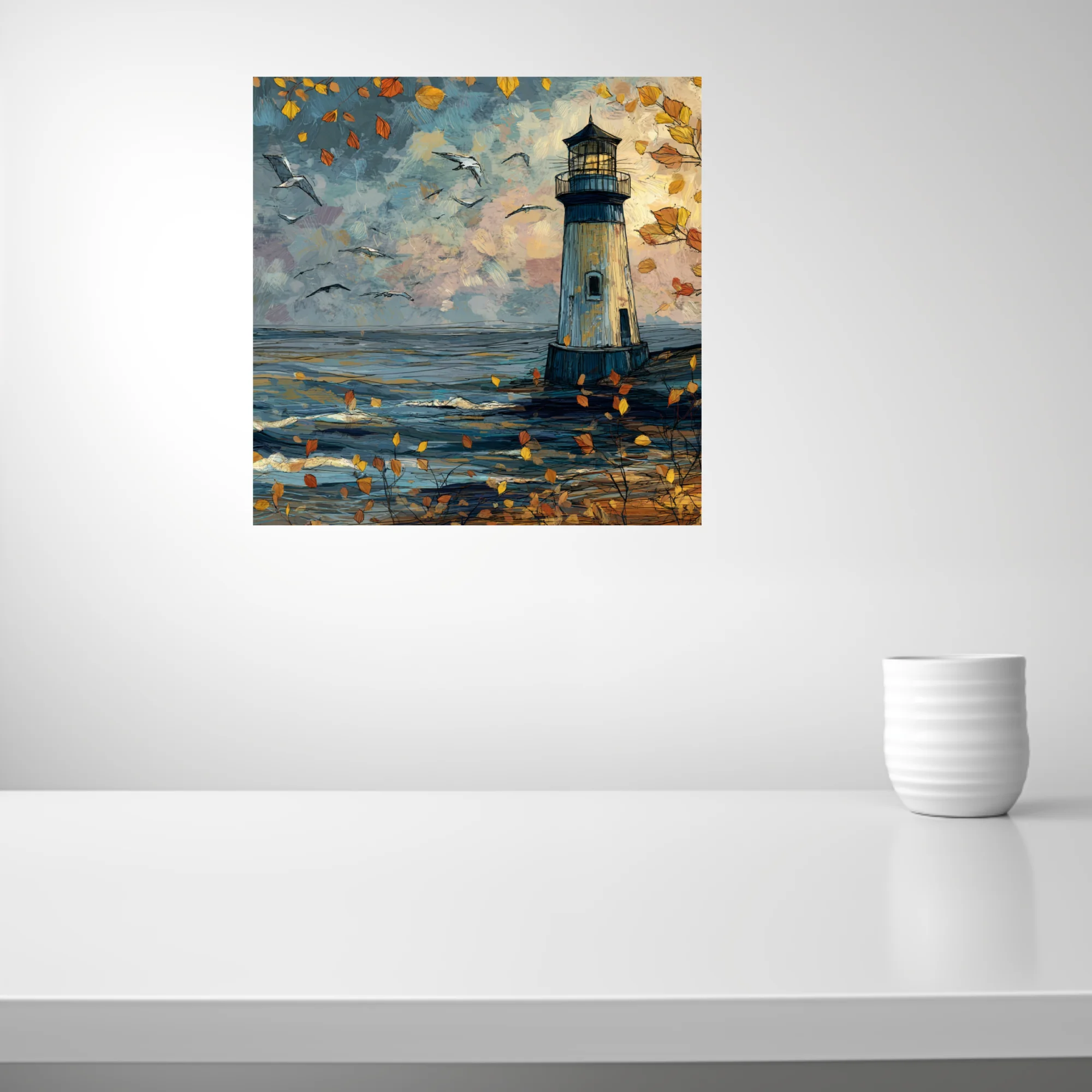 Stylized autumn lighthouse by the sea with drifting leaves, seabirds and moody blue-amber painterly sky